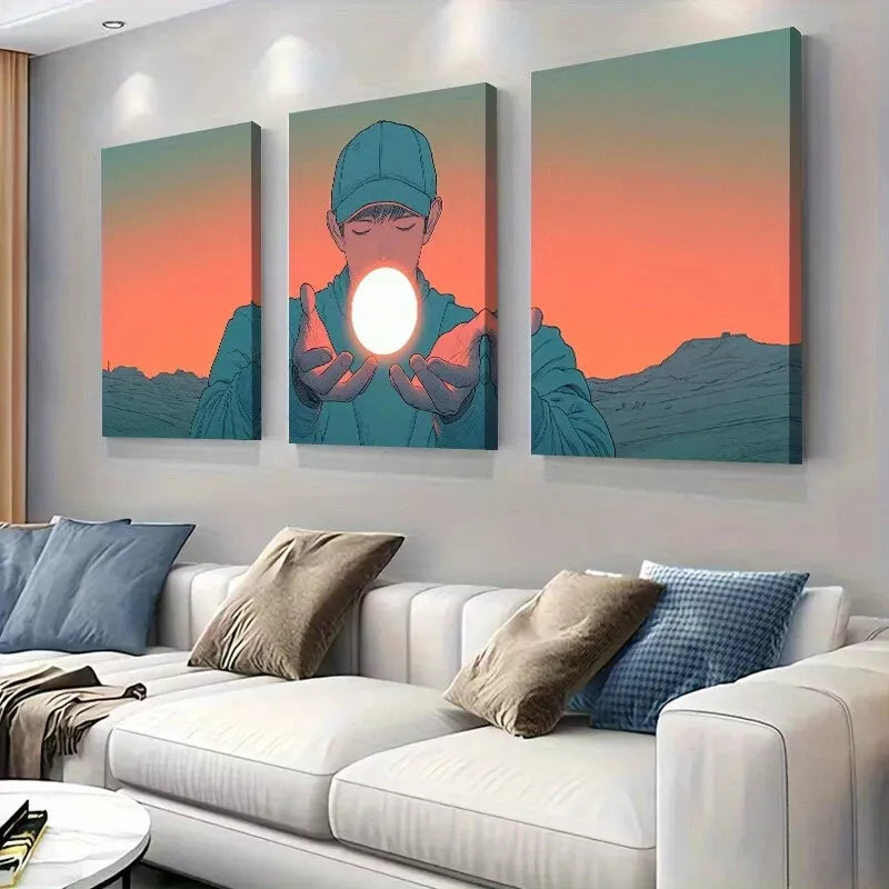 3-Piece Boy Holding Glowing Sphere in Desert Wall Art Set - Framed Canvas Prints 40x60cm - High Quality Australian Made Wall Decor - Perfect for Living Room, Bedroom & Office Decor