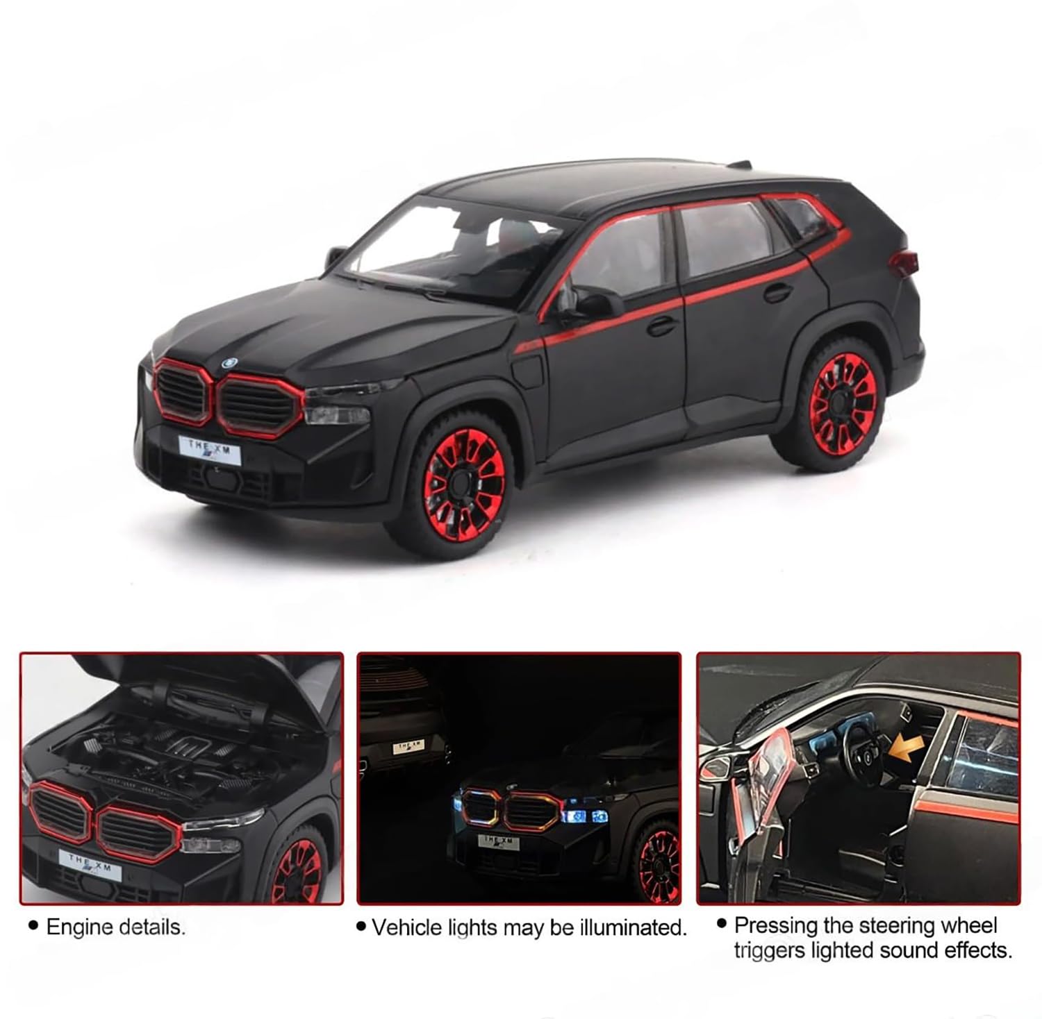 1:24 Scale Die-Cast BMW Metal Car Model with 6 Opening Doors, Pull Back Action, LED Lights & Music - Black - Collectible Toy Car for Kids & Adults | Perfect for Display, Gifts & Playtime