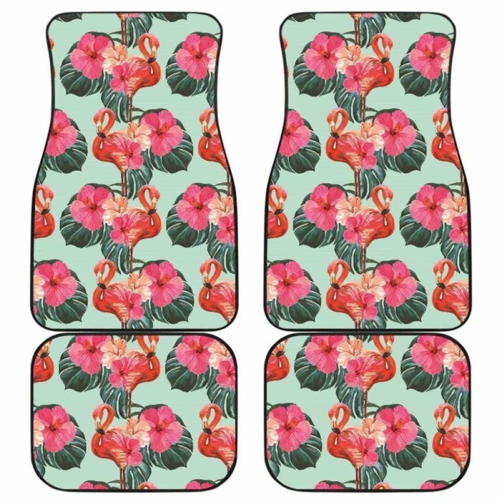 Premium Flamingo Tropical Palm Leaves Hibiscus Pattern Car Mats - Front & Back Set for 2010-2010 Models | Waterproof & Non-Slip Floor Mats for Beach Trips & Summer Road Travel