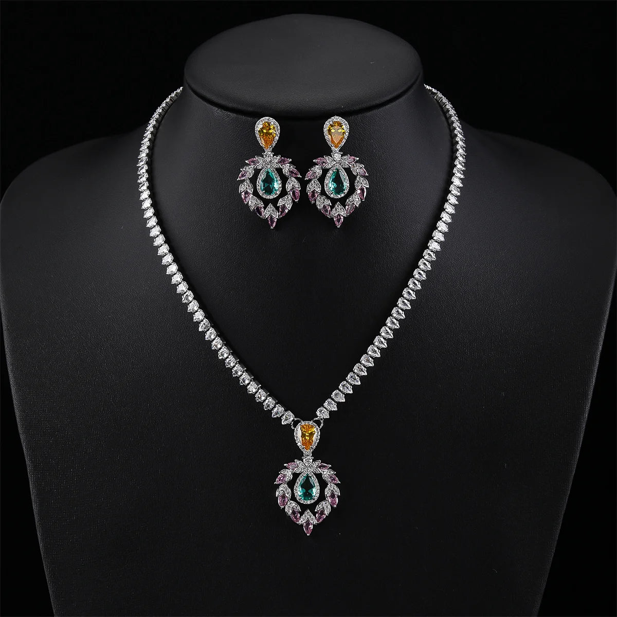Elegant CZ Waterdrop Cubic Zirconia Pendant Necklace & Earrings Set - Bridal Wedding Jewelry for Women - Perfect Gift for Bride, Anniversary & Special Occasions