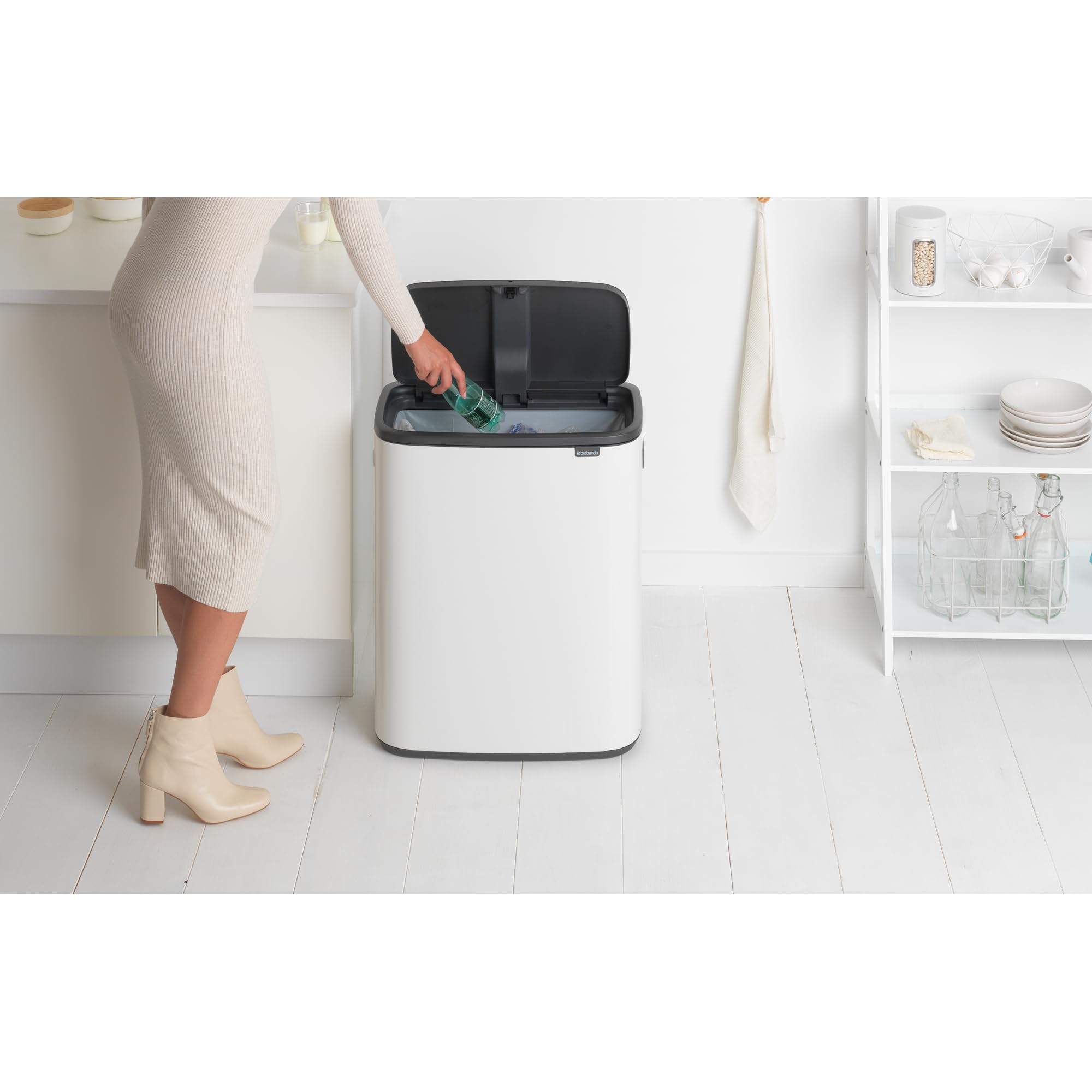 Brabantia Bo Touch Top 16 Gallon Trash Can - Soft Open/Close Kitchen Garbage Bin with Removable Recycling Compartment, White | Perfect for Modern Kitchens & Eco-Friendly Waste Sorting