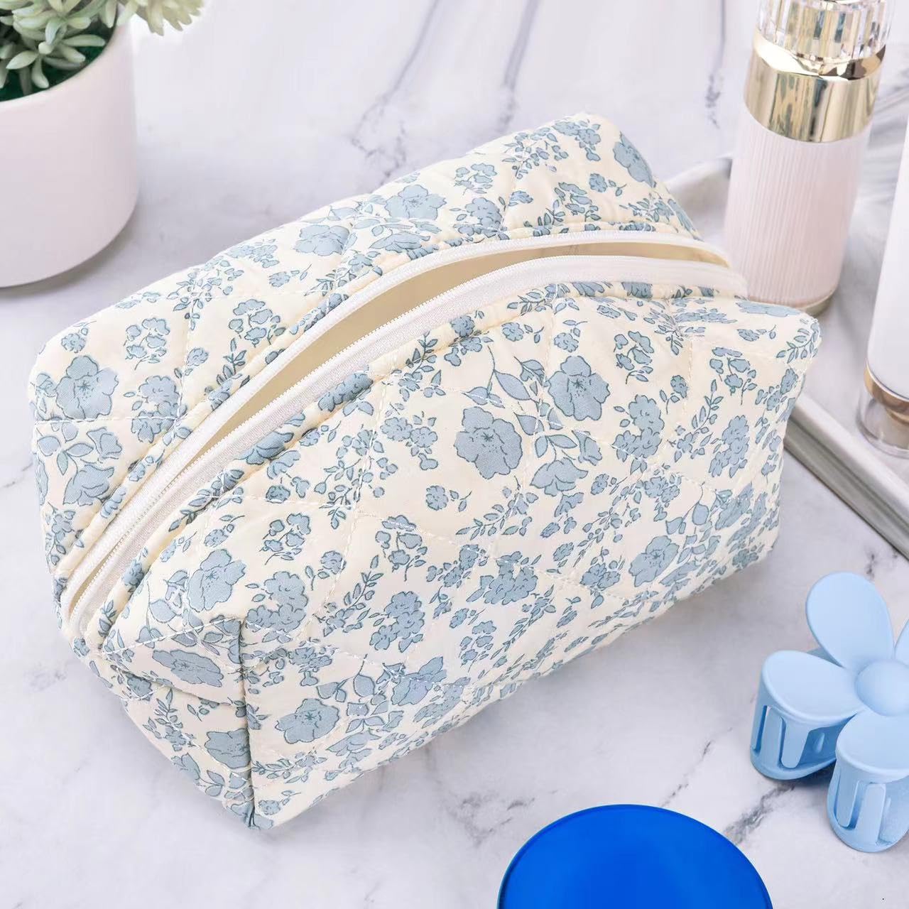 Floral Quilted Makeup Bag - Large Pink Puffy Cosmetic Pouch for Travel, Coquette Style, Fashionable & Cute | Perfect for Makeup Storage, Gym Essentials, and Weekend Getaways