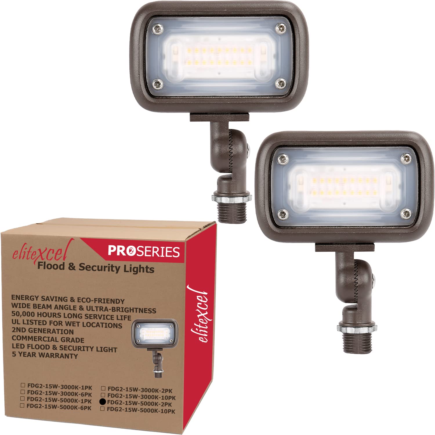 EliteXcel Gen2 15W UL Listed LED Flood Flagpole Light - 1500 Lumen, 5000K Daylight, Waterproof Outdoor Security Light with 1/2