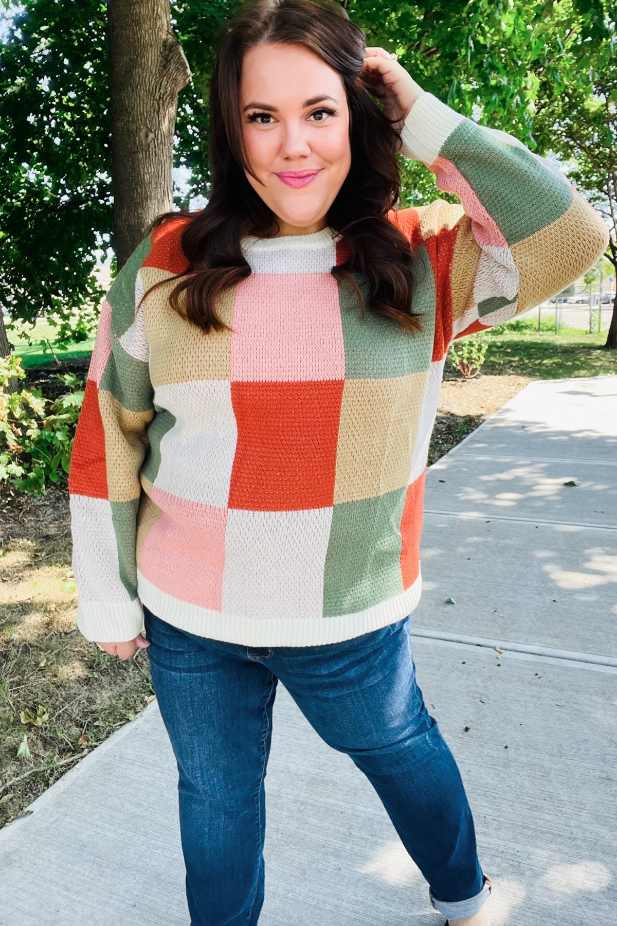 Ivory & Rust Checker Jacquard Knit Sweater for Women - Cozy Winter Pullover with Vintage Pattern - Perfect for Holiday Parties & Casual Outings