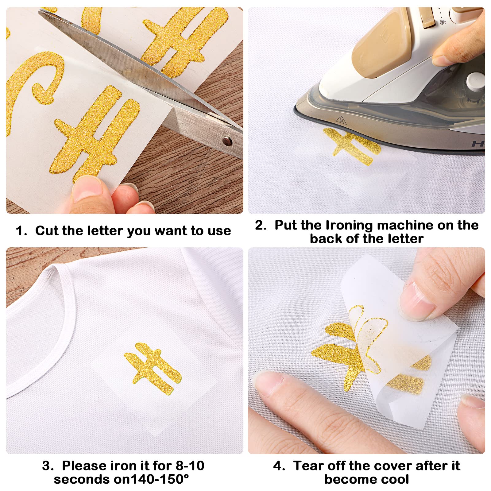 279 Pieces 1.5 Inch Iron On Flock Letters A-Z - Glitter Gold Alphabet Transfer Letters for Christmas Stockings, Graduation Caps, DIY T-Shirts & Fabric Crafts