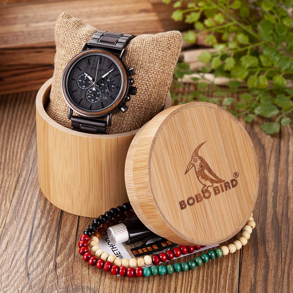 BOBO BIRD Men's Wooden Watches - Wood & Stainless Steel Chronograph Military Quartz Watch for Casual Wear - Perfect for Outdoor Adventures, Business Meetings and Everyday Fashion