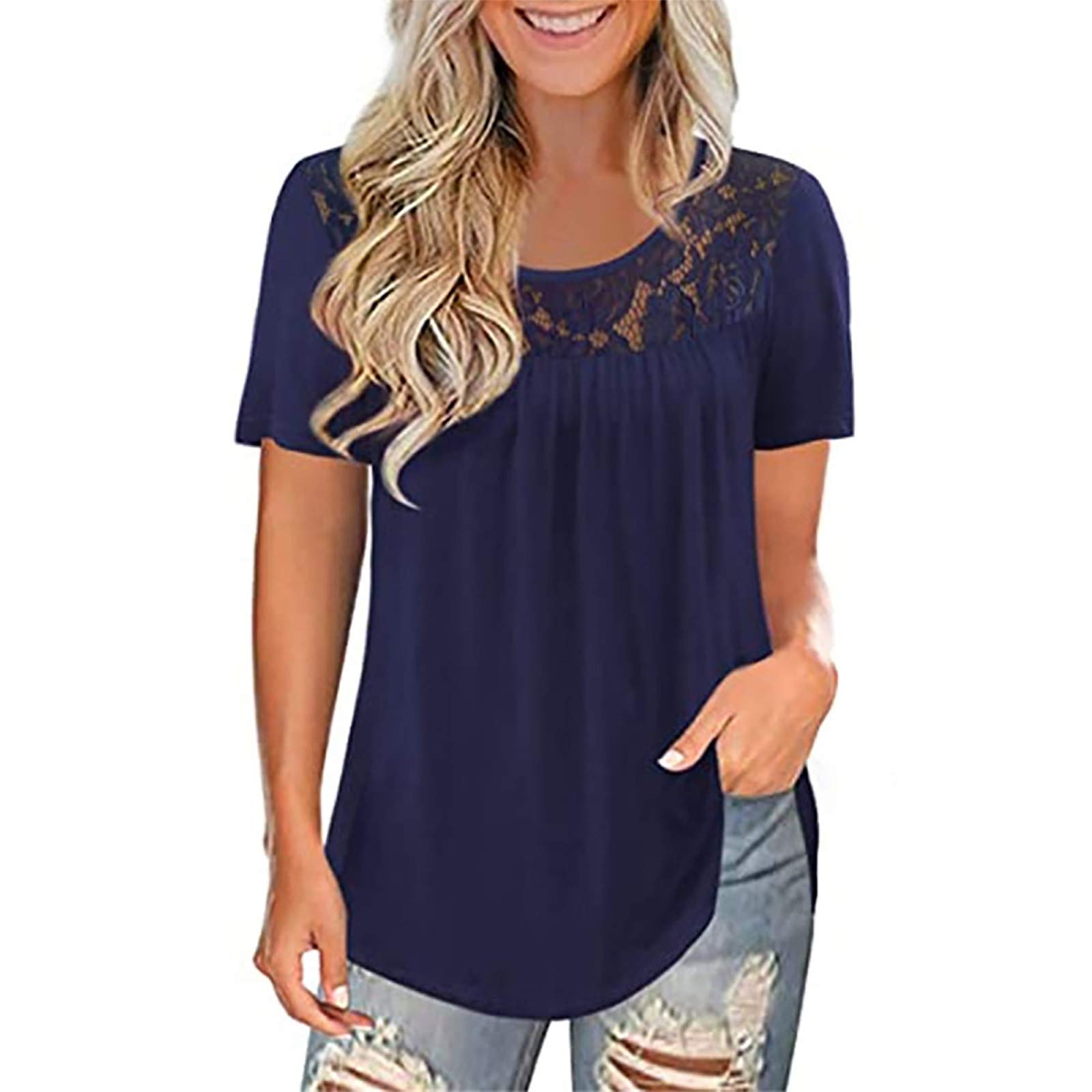 SXAURA Women's Plus Size Casual Summer Tops - Short Sleeve Lace Pleated Tunic Blouse for Women | Perfect for Beach Outings, Office Wear & Summer Vacation Outfits