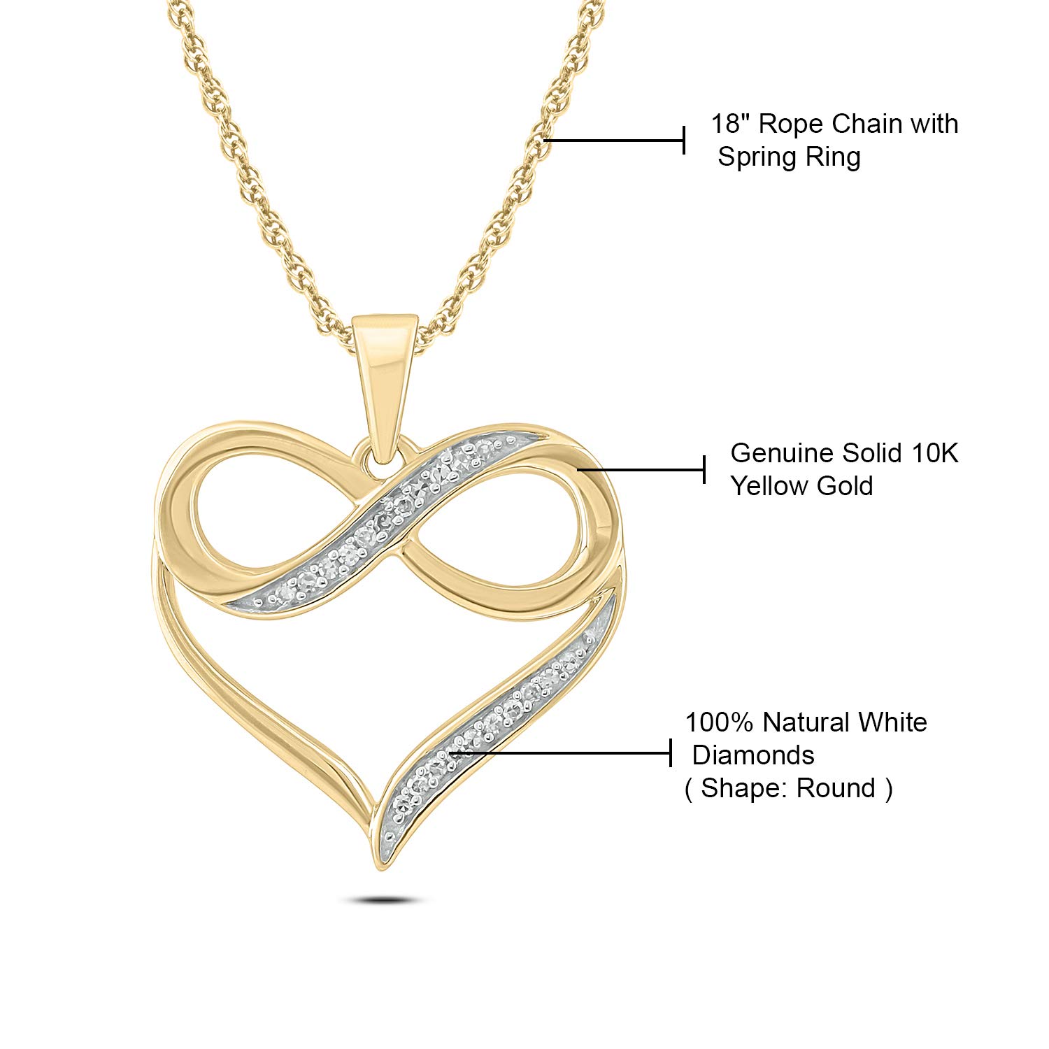 1/4ct & 1/20ct Natural Diamond Infinity Heart Pendant Necklace for Women - 10K White/Yellow/Rose Gold Jewelry Gift - Perfect for Anniversary, Valentine's Day & Romantic Occasions