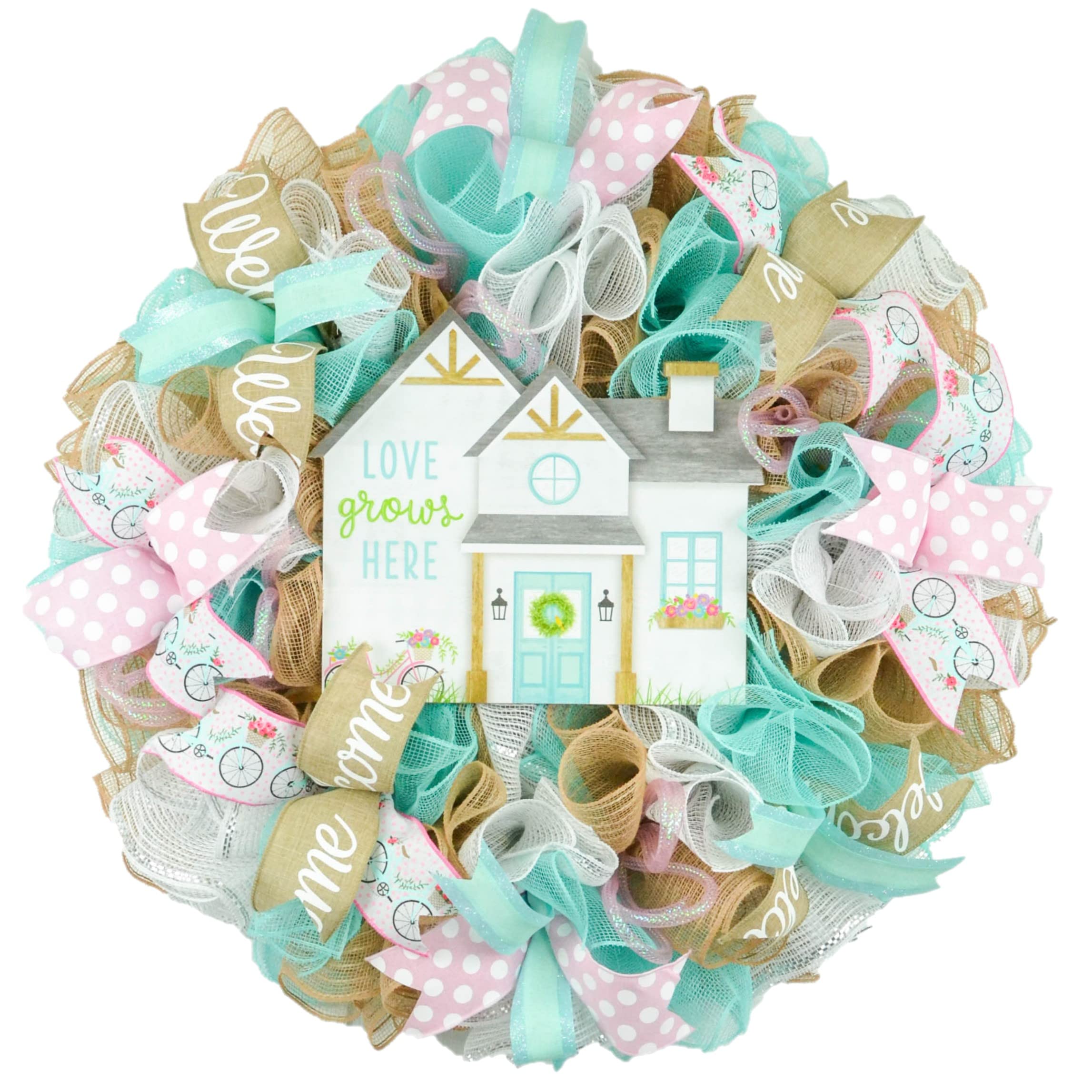 Floral Spring Wreath - 'Love Grows Here' Mother's Day Gift, Summer Welcome Door Decor, Pink White Jute Blue Wreath for Front Door - Perfect for Seasonal Home Decor, Wedding Decorations & Housewarming Gifts