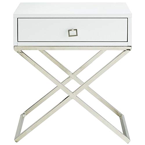 Brianna White & Gold Nightstand with X-Metal Legs - 1 Drawer Bedside Table for Bedroom, Living Room, or Office Storage