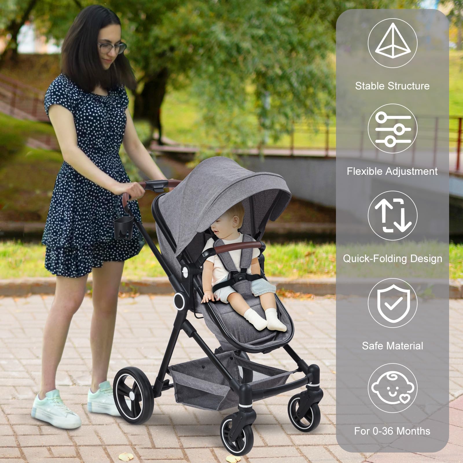 2 in 1 Convertible Baby Stroller for Newborn to Toddler (0-3 Years) - Lightweight Travel Stroller with Removable Bassinet & Shock Absorption Wheels | Large Storage Basket & Cup Holder | Perfect for Shopping, Travel & Daily Walks