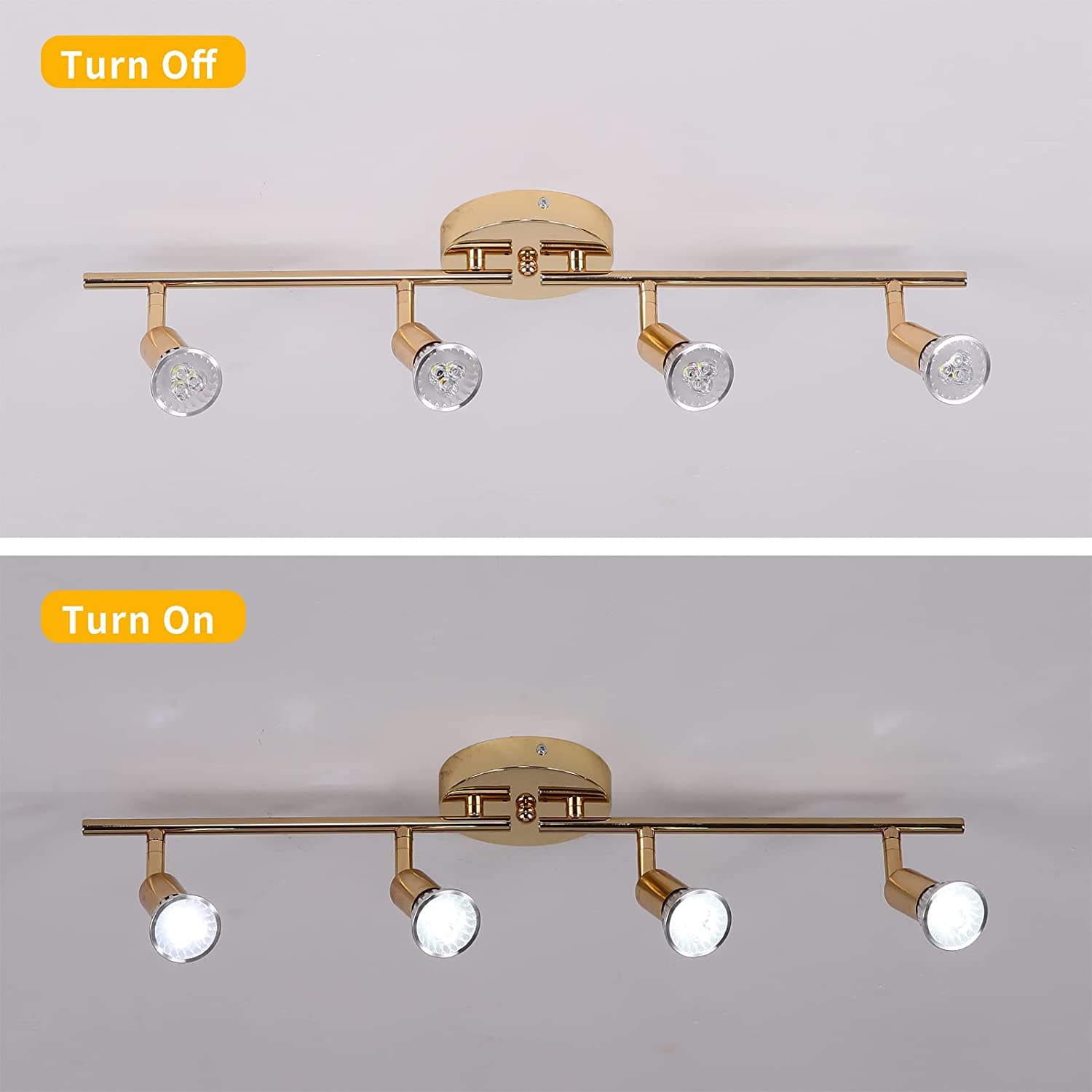 QCYUUI Modern 4-Light LED Track Lighting Kit - Adjustable Gold Spotlight Fixture with 4×GU10 Bulbs Included - Flush Mount Wall/Ceiling Lights for Kitchen, Living Room, Dining Area & Retail Spaces