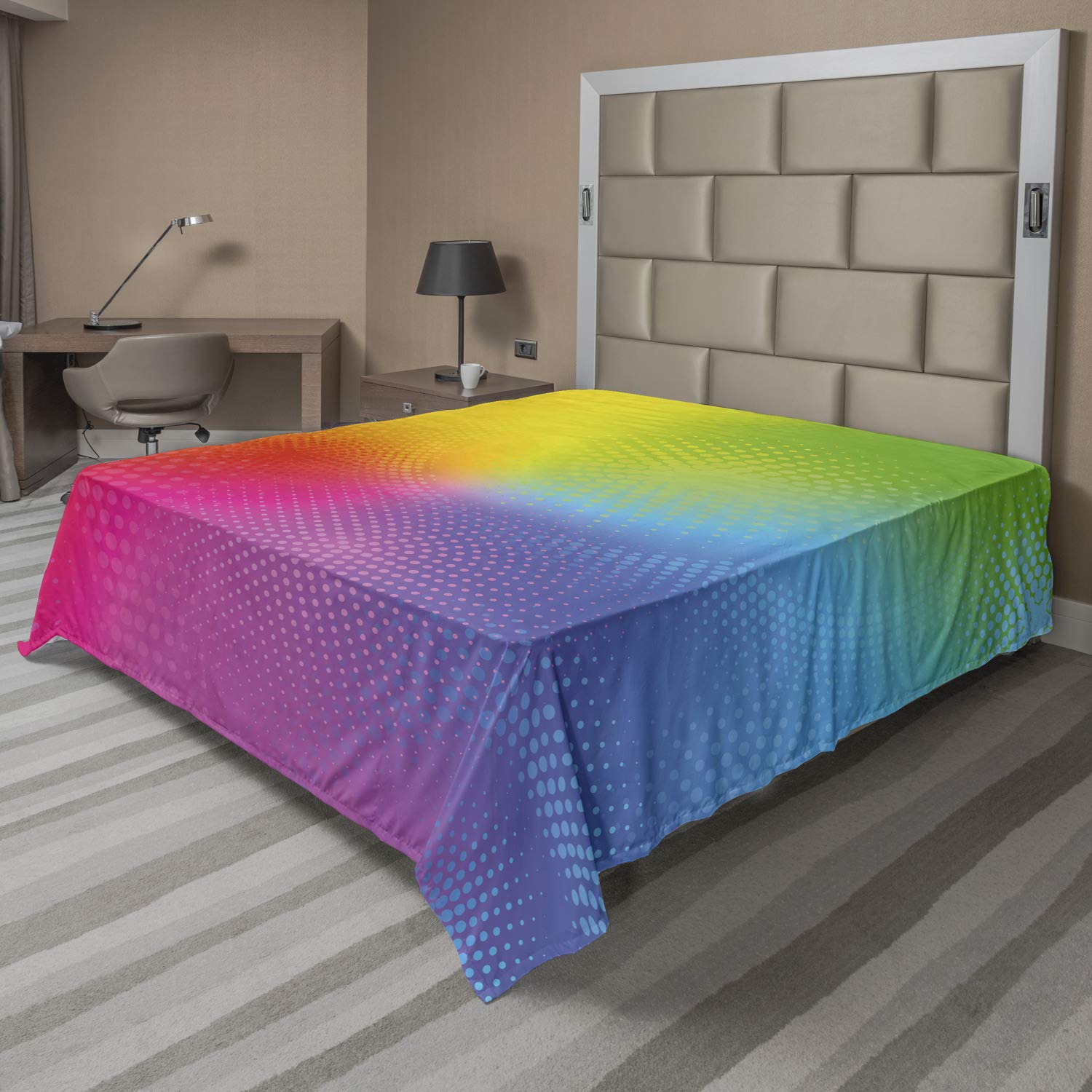 Ambesonne Rainbow Queen Flat Sheet - Vibrant Neon Circles & Dots Print, Soft Comfortable Decorative Bedding - Perfect for Kids' Rooms, Dorm Decor & Modern Home Styling