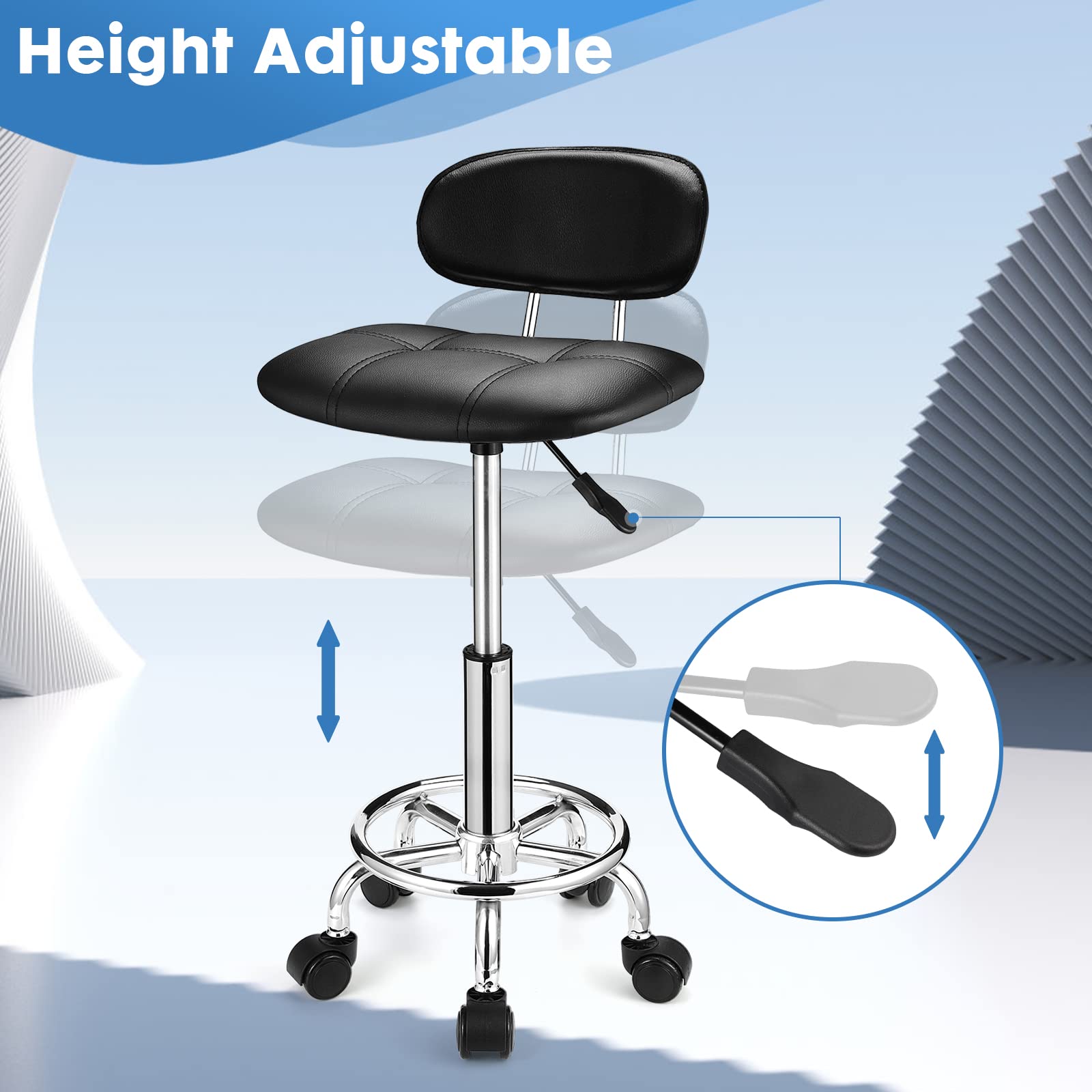 Adjustable Height Square Rolling Stool with Backrest & Wheels - Ergonomic Swivel Chair for Office, Salon, Kitchen & Home Use - Black