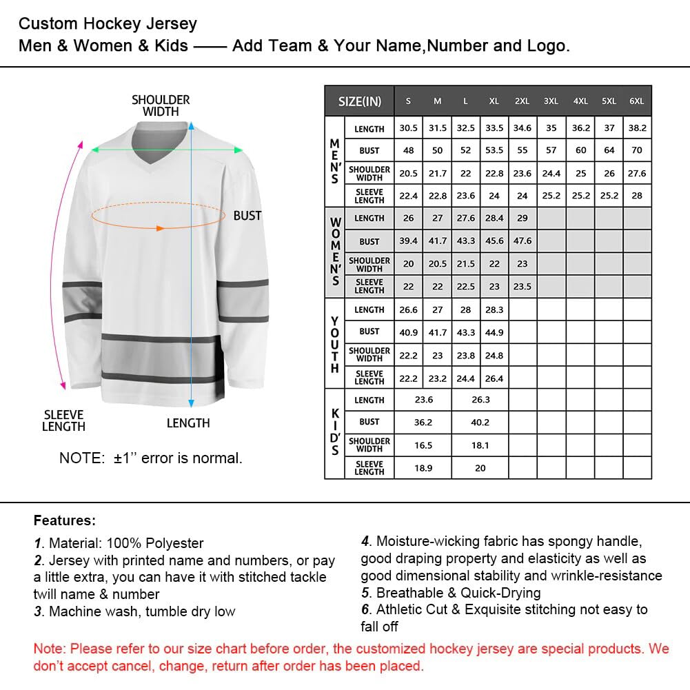 Custom Personalized Ice Hockey Jerseys for Men, Women & Youth - Add Your Name & Number - Sports Fan Gift - Sizes S to 6XL - Perfect for Games, Tournaments & Team Events