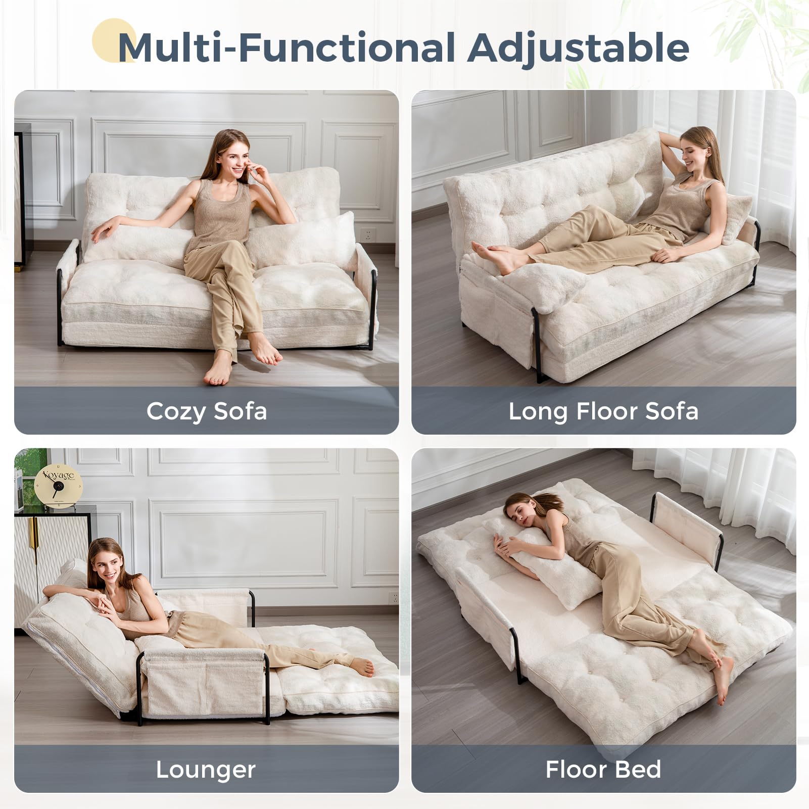 MAXYOYO Adjustable Floor Sofa Couch with 2 Pillows - Boucle Convertible Lazy Sofa Sleeper Bed with Armrest - Double Size Beige Fabric - Perfect for Small Spaces, Living Rooms & Guest Beds