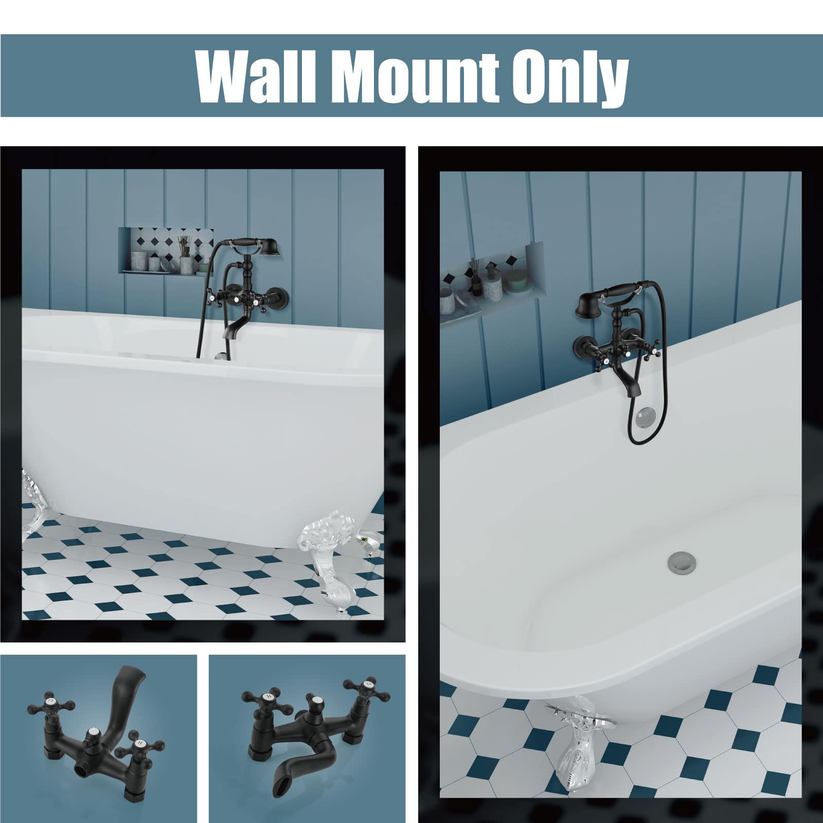 Aolemi Matte Black Wall Mount Bathtub Faucet with Hand Shower Sprayer - Vintage Double Cross Handle Mixer Tap - Perfect for Bathroom Renovation & Spa-Like Shower Experience