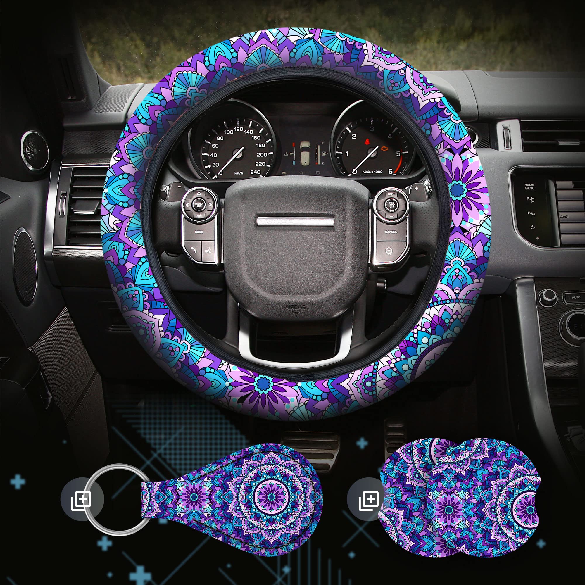 4-Piece Mandala Purple Lotus Steering Wheel Cover Set with 2 Car Cup Coasters & Keyring - Non-Slip Universal Fit 14-15.5 Inch - Stylish Car Accessories for Women, Perfect for Daily Commute & Road Trips