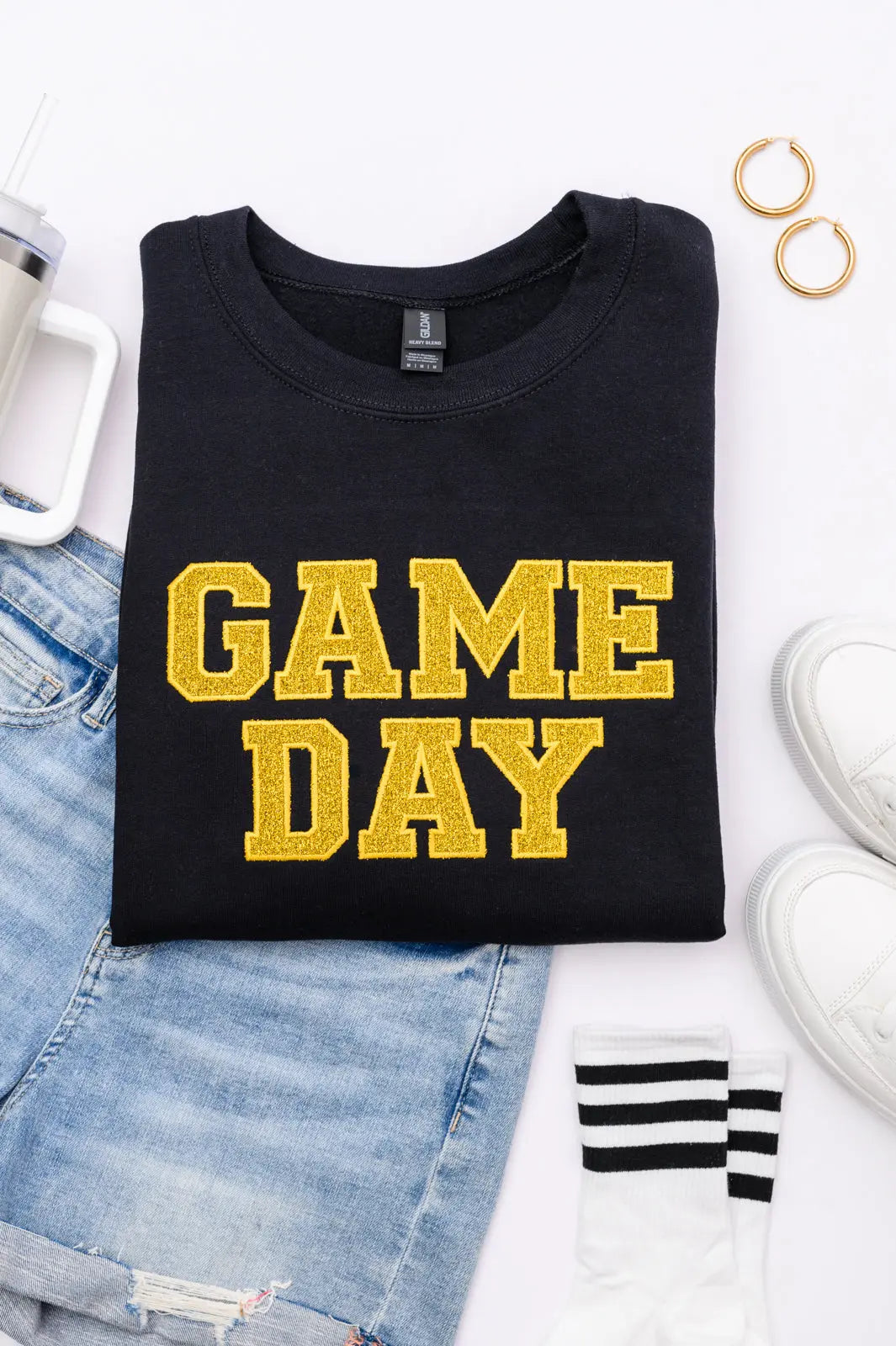 PREORDER: Embroidered Glitter Game Day Sweatshirt - Black & Gold Pullover for Football Fans | Perfect for Tailgating, Sports Events & Casual Wear