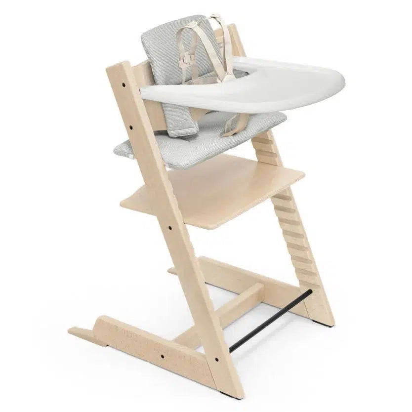 Stokke Tripp Trapp High Chair with Cushion & Tray - Natural Wood & Nordic Grey | Adjustable Baby Feeding Chair for Kitchen, Dining Room & Nursery | Ergonomic Toddler Seat for Safe Mealtime