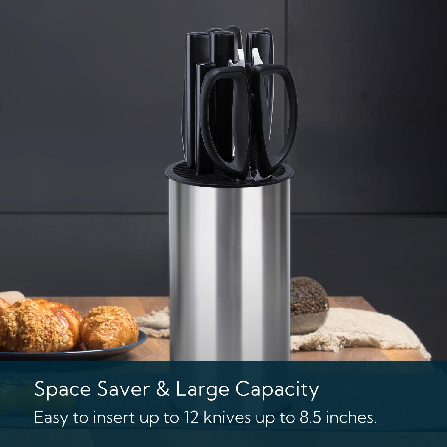 Universal Stainless Steel Knife Block - Round Kitchen Knife Holder (Knives Not Included) - Modern Countertop Space Saver with Scissor Slots - Detachable Design for Easy Cleaning - Perfect for Home Kitchens, Restaurants & Culinary Enthusiasts