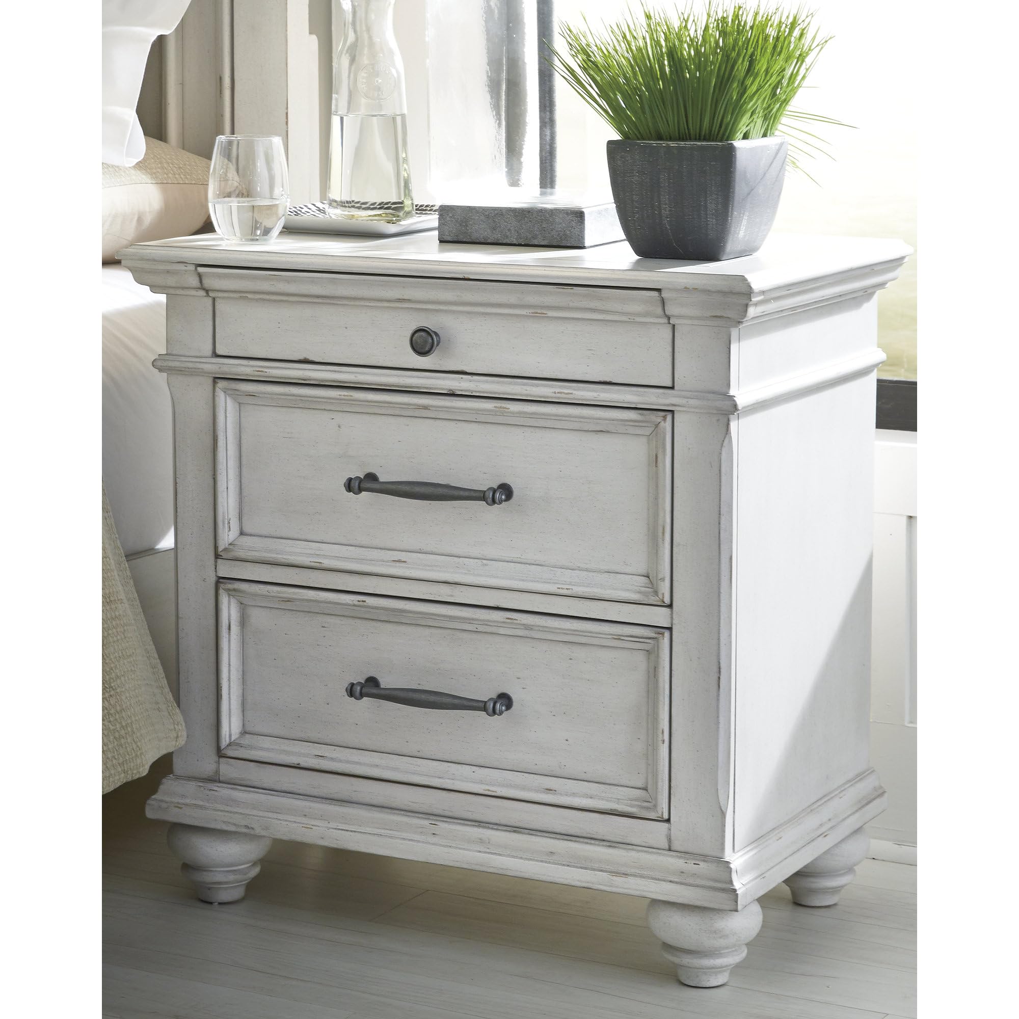 Distressed Whitewash Finish Ashley Three-Drawer Nightstand - Perfect for Bedroom, Living Room, or Guest Room Storage