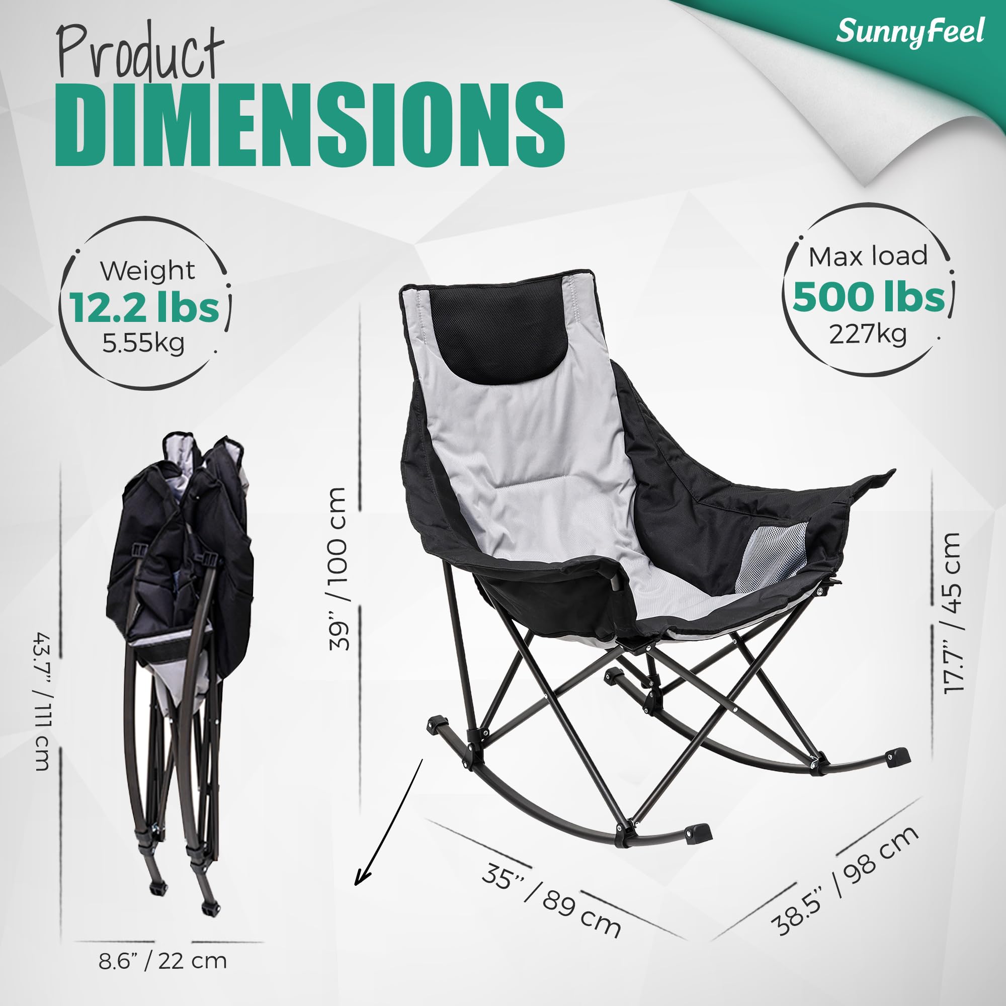 **SUNNYFEEL Oversized Rocking Camping Chair - Heavy Duty Folding Recliner with Padded Seat & Storage Pocket - Portable Lawn Chair for Outdoor, Picnic, Beach, Patio & Backyard Relaxation - Includes Carry Bag**