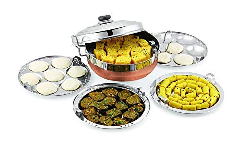 Premium Stainless Steel Multi-Purpose Steamer with Copper Bottom - 5-Piece Set (2 Idli Plates, 2 Dhokla Plates, 1 Patra Plate) - Silver | Indian Cooking Essential for Steaming Snacks, Dumplings & Healthy Meals | Perfect for Home Kitchens & Restaurants
