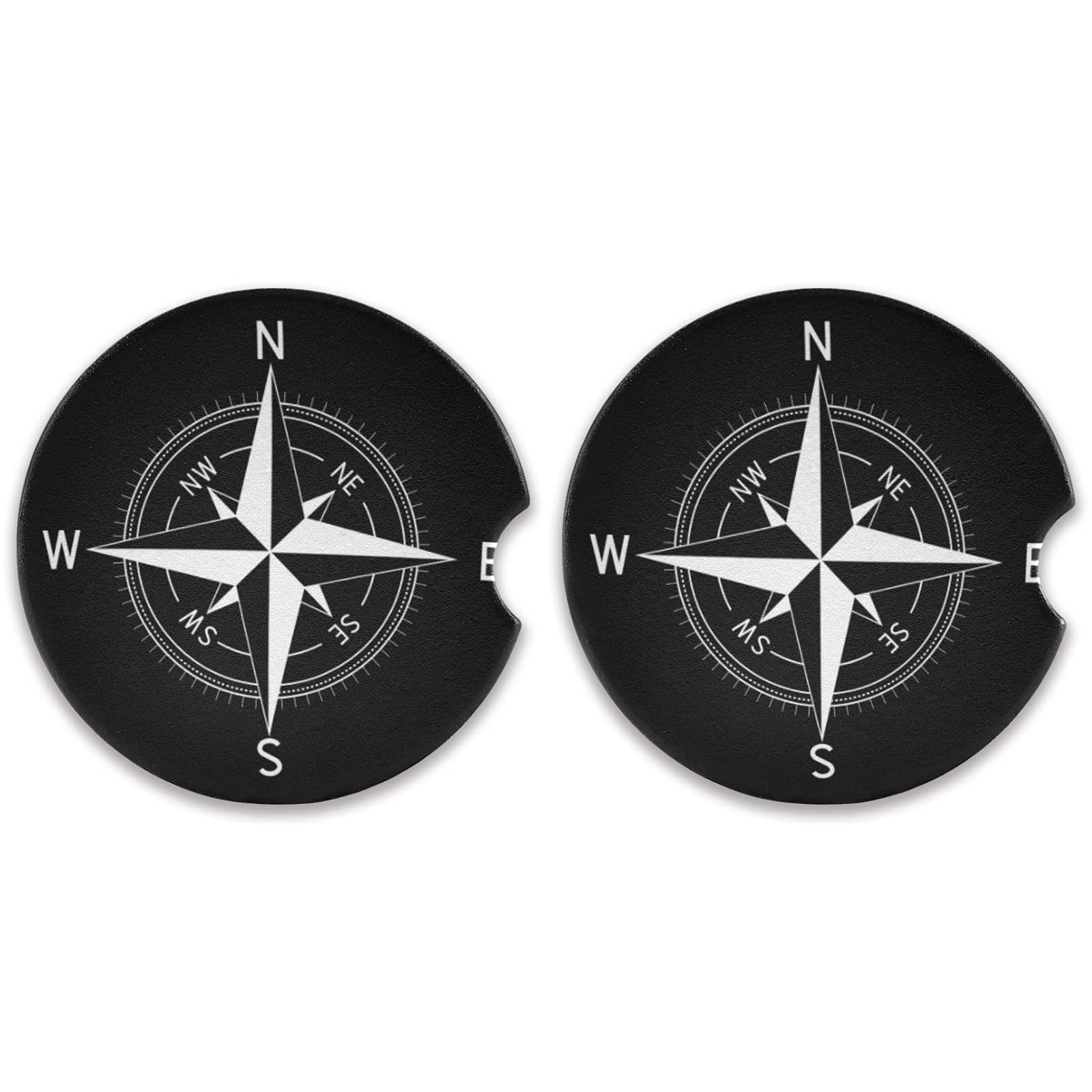 Nautical Compass Car Coaster 2 Pack - Absorbent Ceramic Cup Holder Coaster for Cars, Perfect for Men & Women - Cute Car Accessories (2.56 Inch) - Ideal for Road Trips, Commuting & Preventing Drink Stains