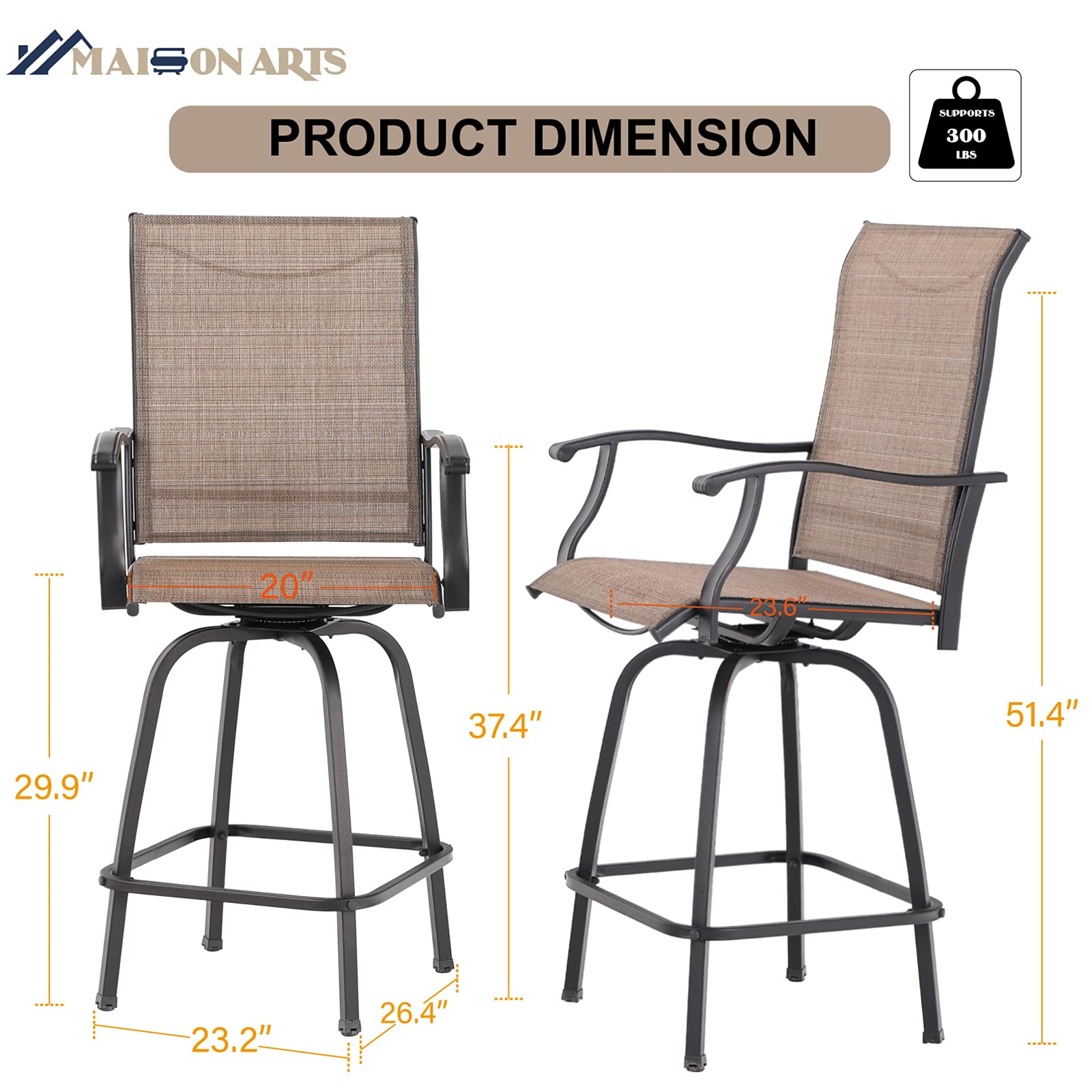 MAISON ARTS 4-Piece Outdoor Bar Stools Set - Swivel Patio Chairs with High Back, 300 lb Capacity - Bar Height Garden Furniture for Deck, Backyard & Outdoor Dining