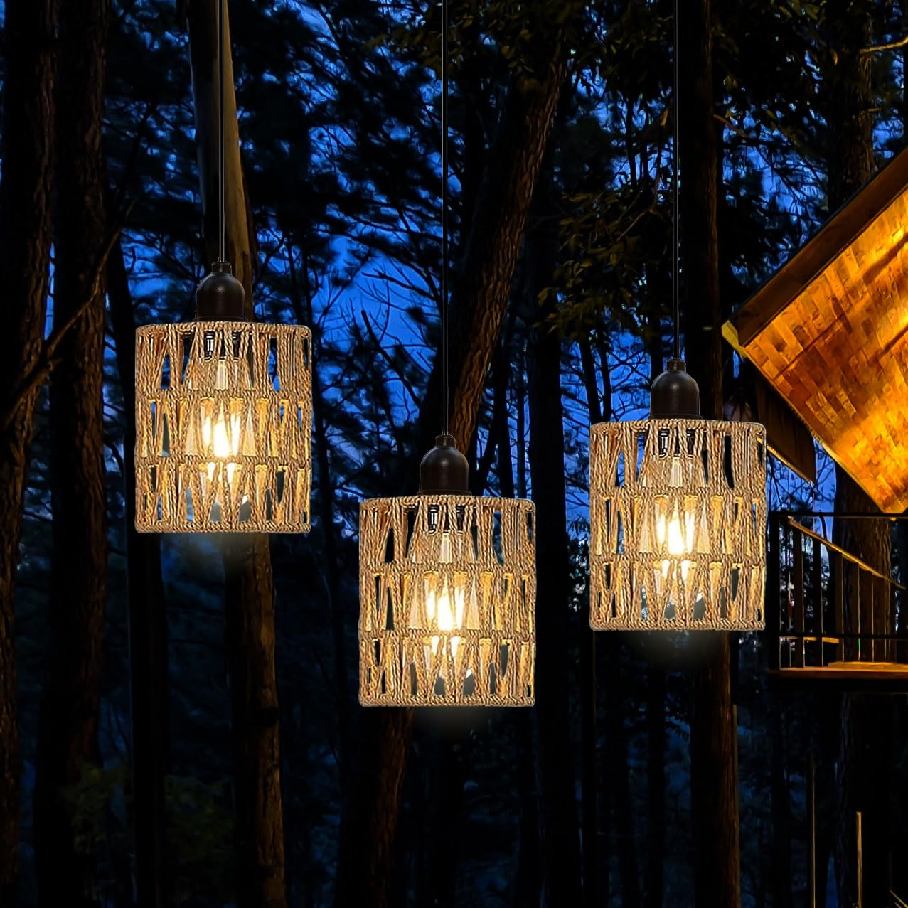 3 Pack Outdoor Chandelier Pendant Lights - Battery Operated Boho Hanging Lamps with LED Bulbs, Handmade Bamboo Rattan Lanterns for Gazebo, Porch, Patio, Backyard Decor - Perfect for Romantic Dinners, Garden Parties & Outdoor Weddings