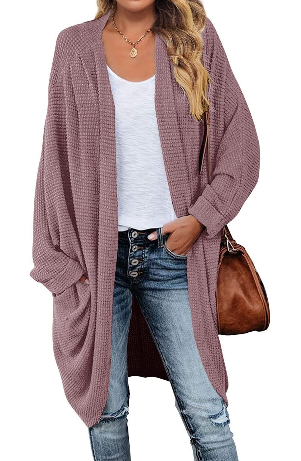 MEROKEETY Women's Waffle Knit Batwing Long Sleeve Cardigan - Loose Open Front Sweater Coat for Fall & Winter - Cozy Oversized Knitwear for Casual Outfits, Office Wear & Layering
