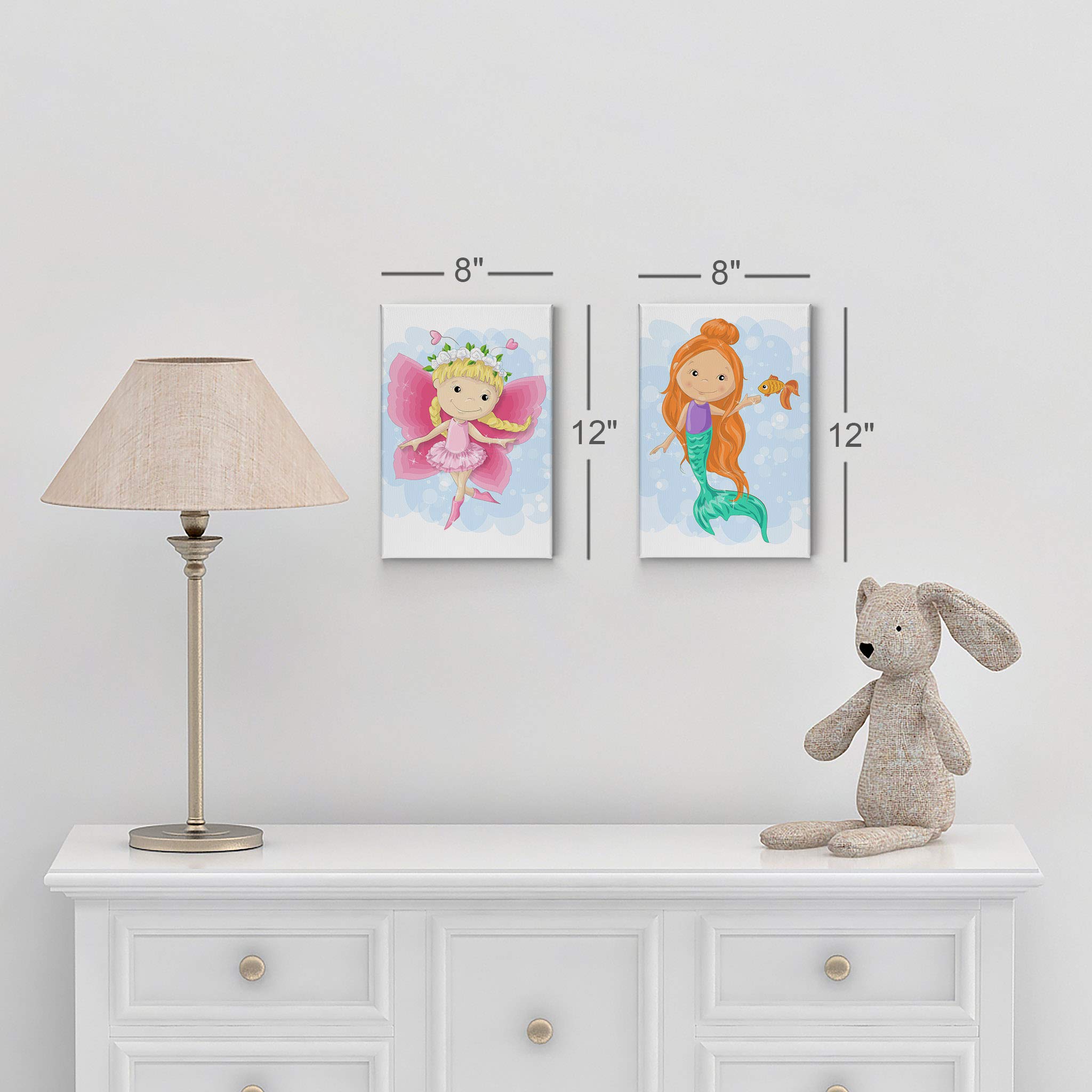 Smile Art Design Cute Fairy and Mermaid Canvas Wall Art Set - 2 Panels (40x30 inches Each) for Kids Room, Nursery & Baby Room Decor - Made in USA | Perfect for Birthday Gifts & Bedroom Wall Decor