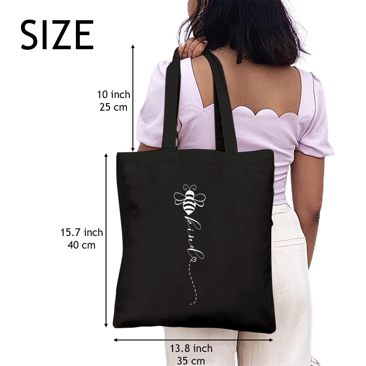 Bee Cute Graphic Canvas Tote Bag for Women - Eco-Friendly Reusable Grocery Shopping Bag with Kind Letter Design - Perfect for Work, School & Daily Errands