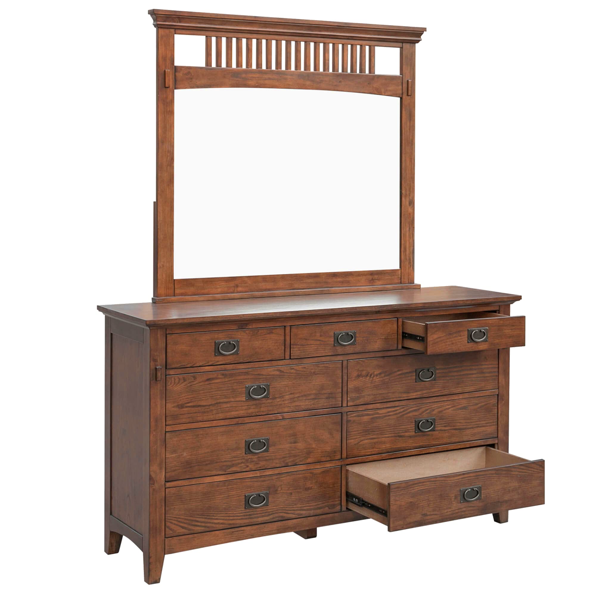 Amish Brown Solid Wood 9-Drawer Dresser with Mirror - Mission Bay Bedroom Vanity & Chest of Drawers for Master Bedroom or Guest Room Furniture