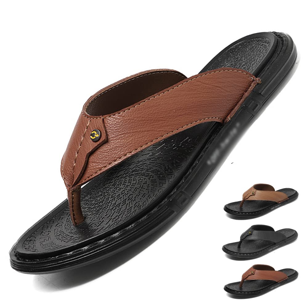 Men's Leather Flip Flops - Comfortable Beach Sandals with Anti-Slip Sole, Open Toe Slippers for Summer Outdoor Walking, Shower & Casual Wear (EU 38-46, Brown-40EU) - Perfect for Vacation, Poolside & Backyard Relaxation