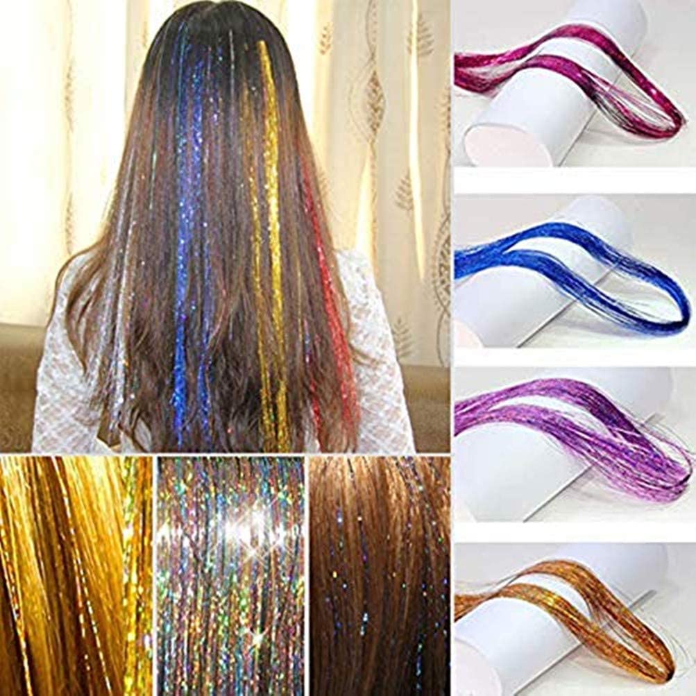 Ayushicreationa Glitter Hair Tinsel Extensions - 6 Color Pack of Holographic Sparkle Shiny Straight Hair Strands for Women & Girls | Perfect for Parties, Festivals, Cosplay and Special Occasions