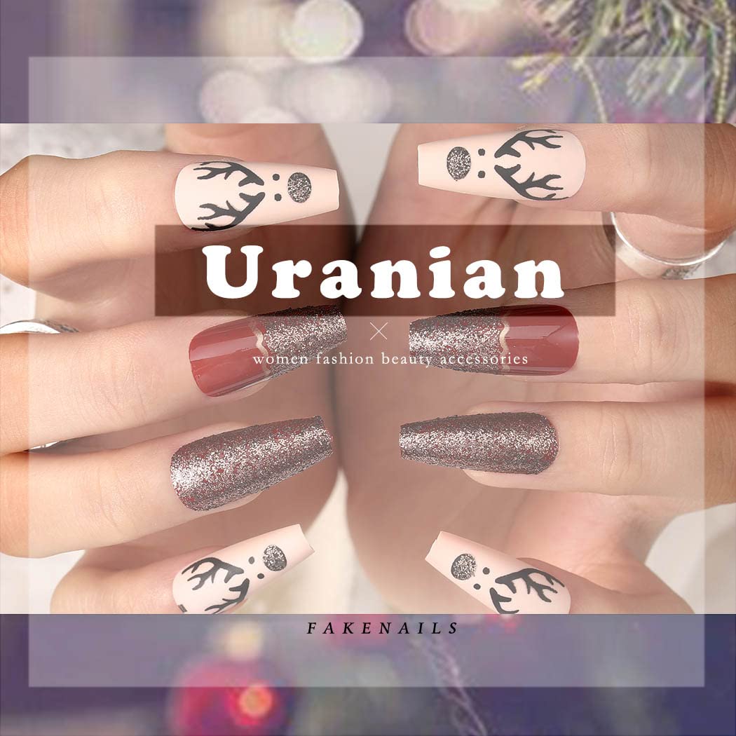 Uranian Christmas Press on Nails - 24pcs Long Red Coffin Fake Nails with Snowflake & Stripes Design, Glossy Santa Claus & Elk Glitter French Tip Acrylic Nails for Women & Girls | Holiday Parties, Gift Giving, Festive Nail Art