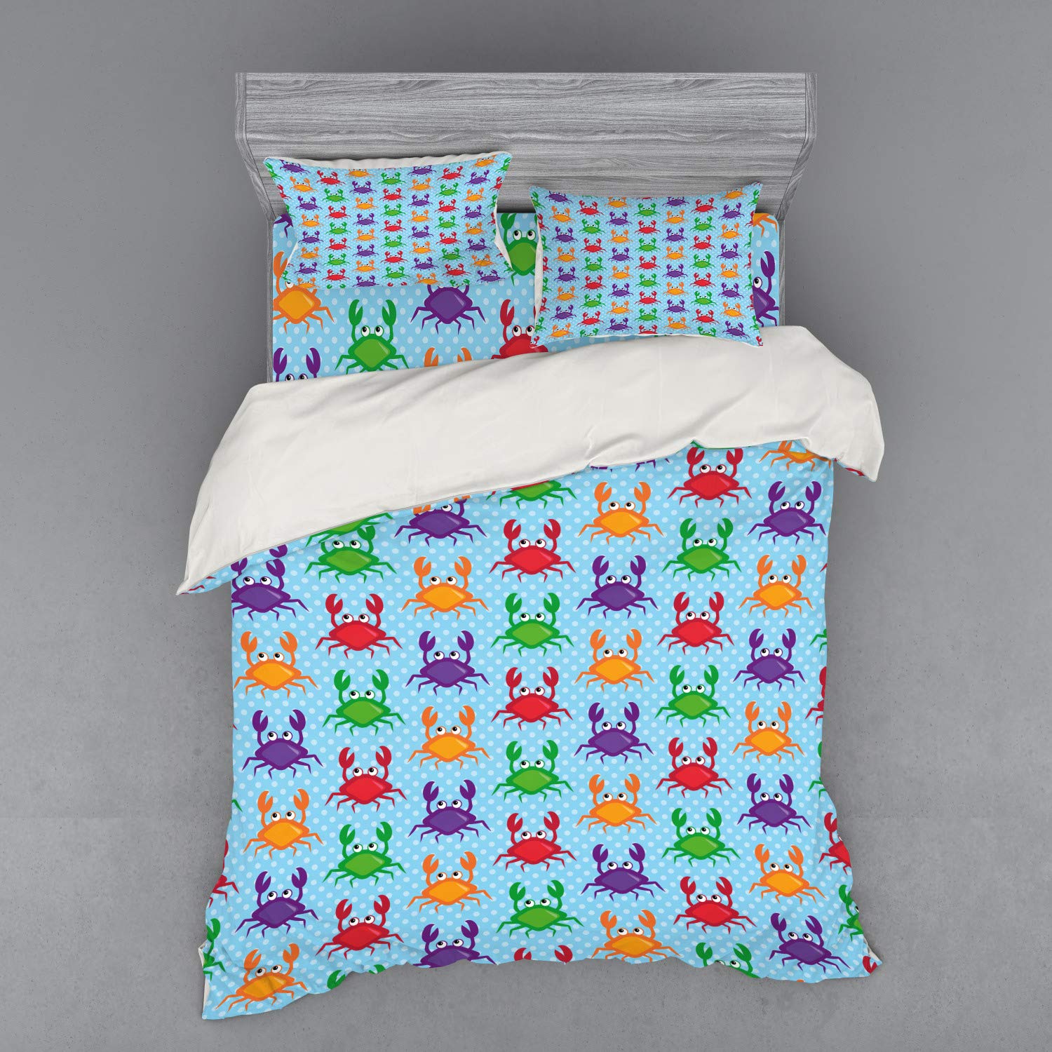 Ambesonne Crabs 4-Piece Queen Size Bedding Set - Cartoon Art Style Blue Crab & Bubbles Print Duvet Cover with Shams & Fitted Sheet - Coastal Beach Theme Bedroom Decor for Kids & Adults