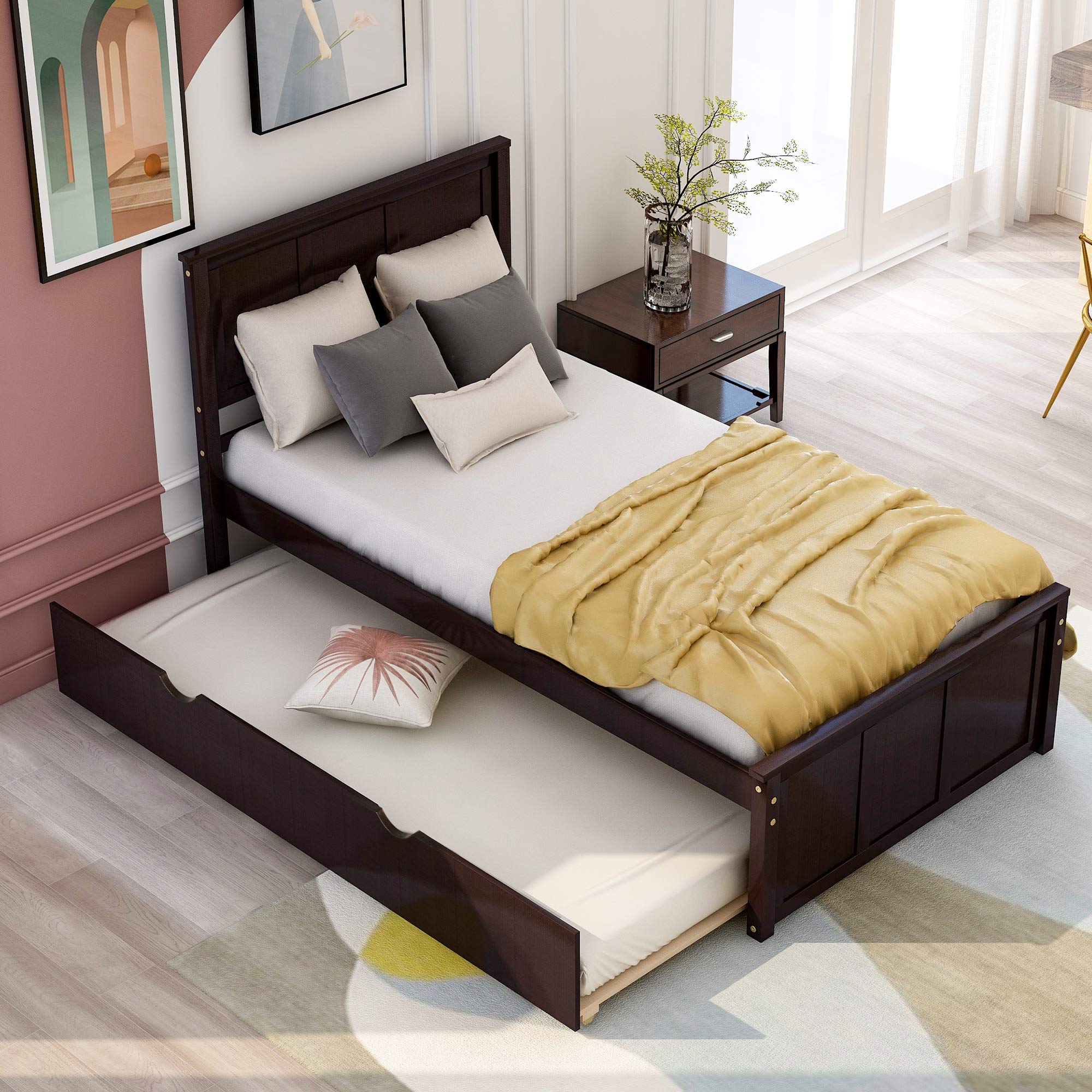 Twin Platform Bed with Trundle, Wood Slat Support - No Box Spring Needed for Kids & Guest Rooms