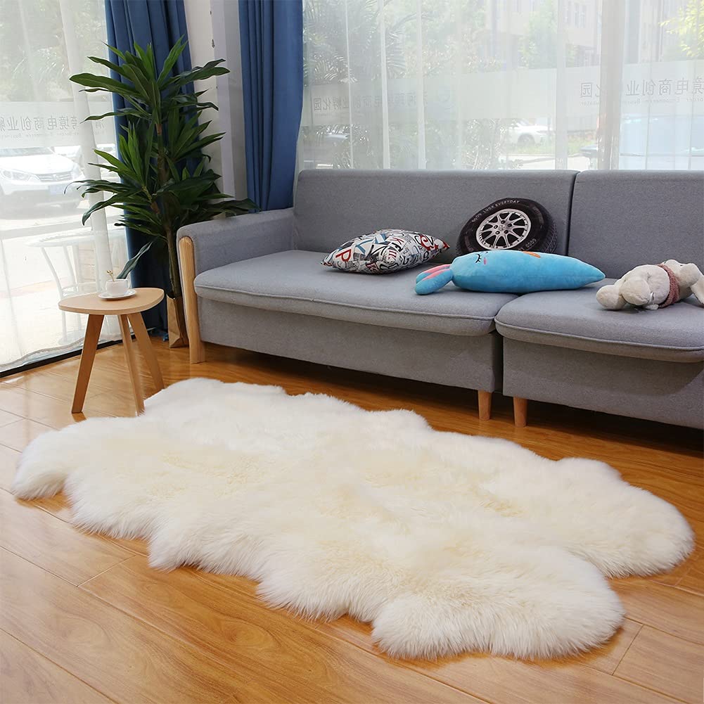 Premium Genuine White Sheepskin Rug - Large Fluffy Quad Sheepskin Throw for Living Room, Bedroom, Nursery & Home Decor - Soft Cozy Floor Mat for Relaxation & Comfort