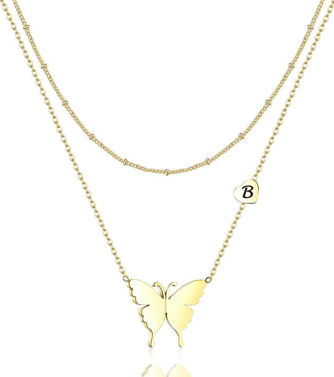 AILAAILA Butterfly Necklaces for Women - Dainty Layered Initial Letter Choker Necklace, 14K Gold Plated Pendant Name Jewelry, Delicate Everyday Necklace for Girls & Teens - Perfect for Birthdays, Anniversaries & Valentine's Day Gifts