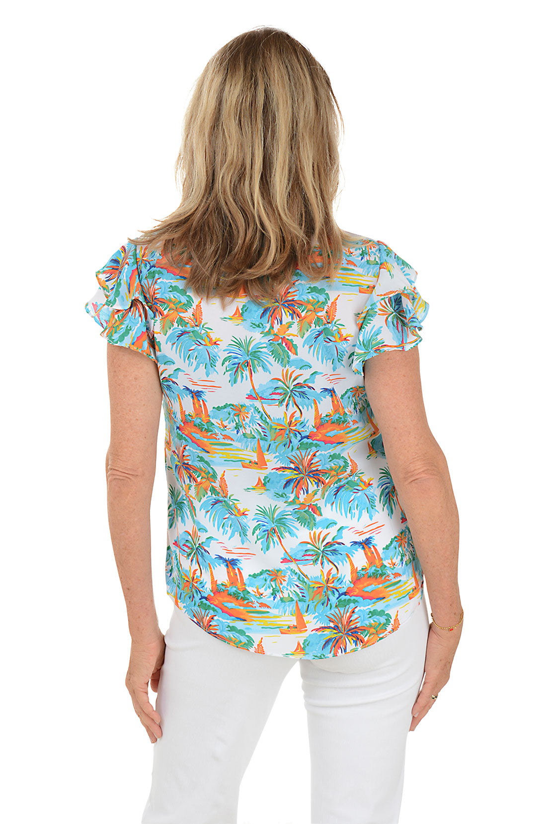 Tropical River Ruffled Short Sleeve Blouse for Women - Flowy Summer Top with Floral Print - Perfect for Beach Vacations, Date Nights & Tropical Getaways