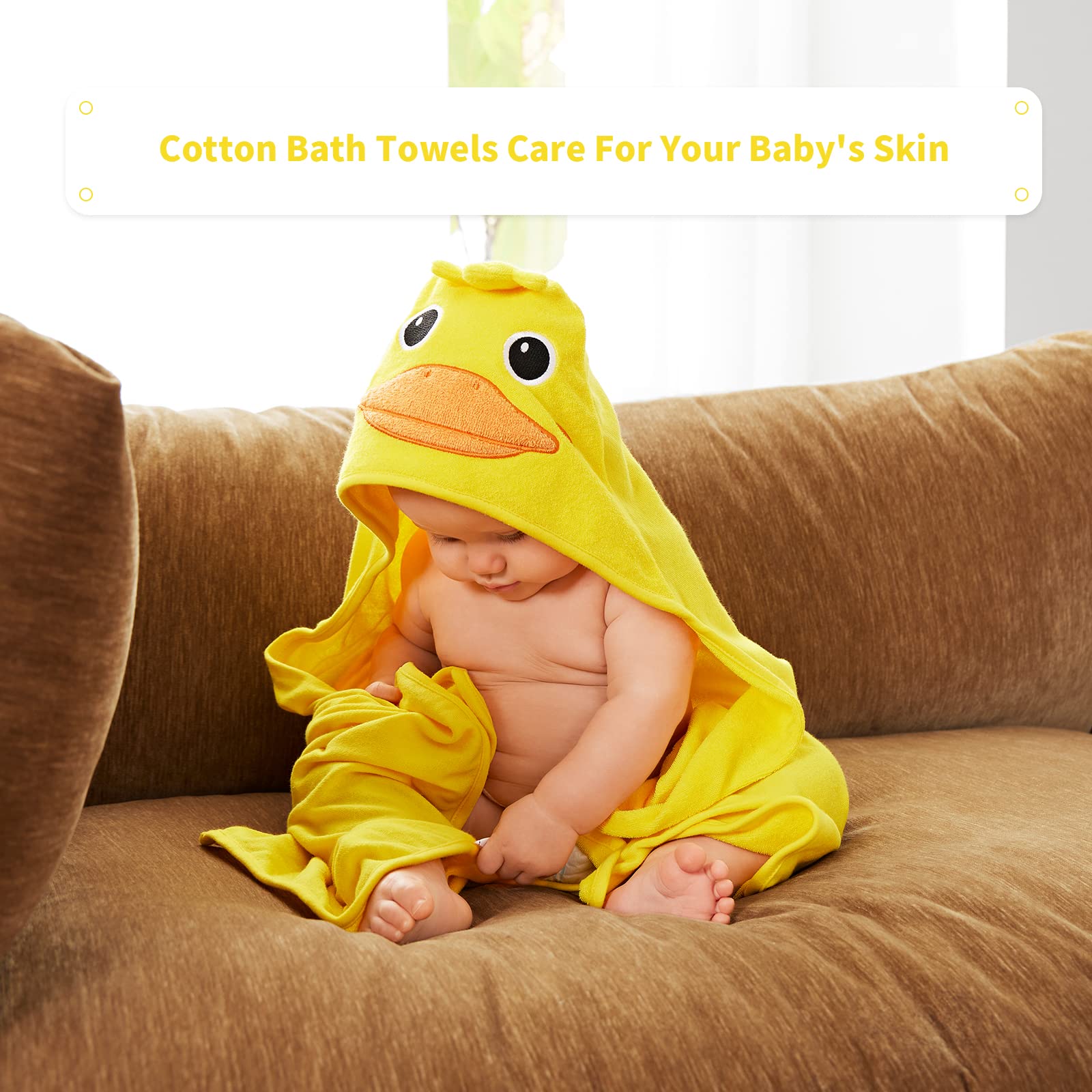 **SYNPOS Hooded Baby Bath Towel Set with 5 Washcloths - Ultra Absorbent Cotton for Boys & Girls, Toddlers & Infants - Yellow Duck Design - Perfect for Bath Time, Swimming & After-Splash Fun**