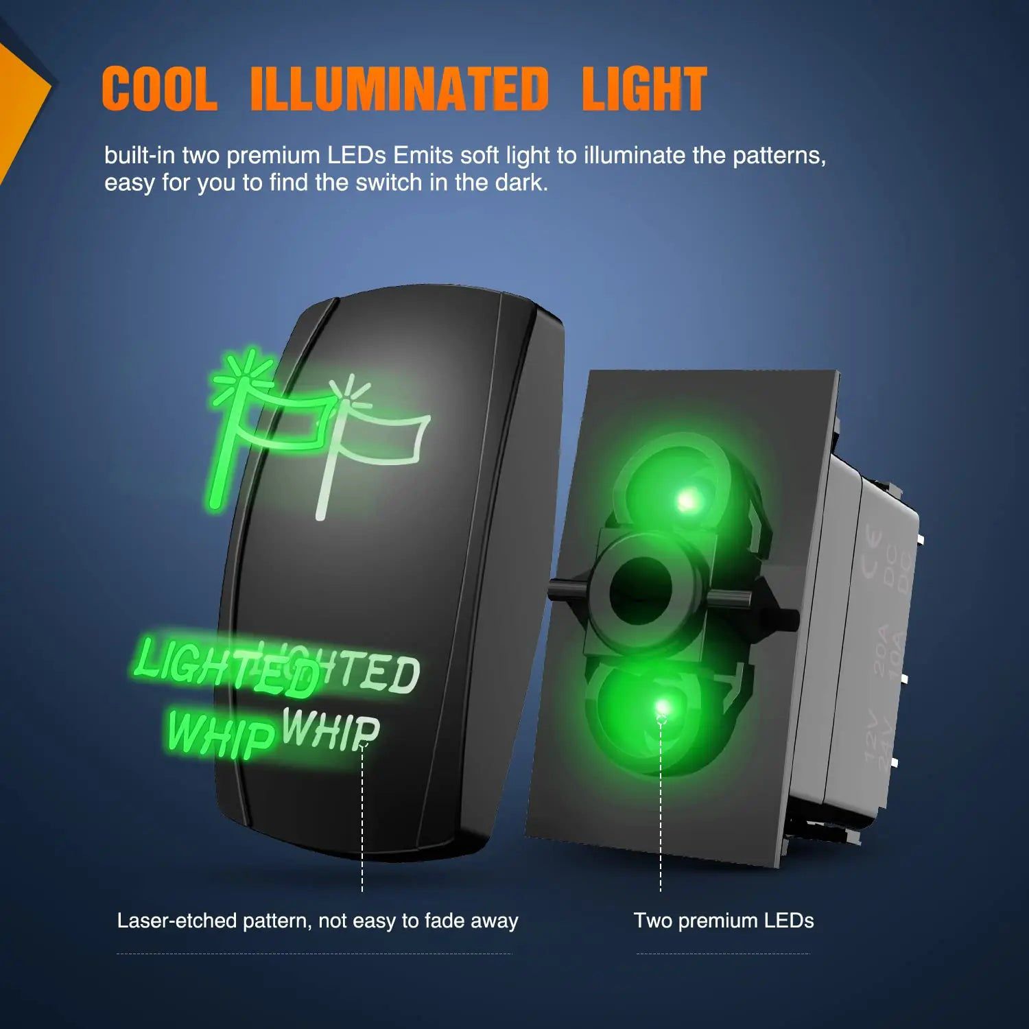 5Pin Laser On/Off Lighted Rocker Switch - Green LED Illuminated Toggle for Cars, Boats, RVs & Marine Applications