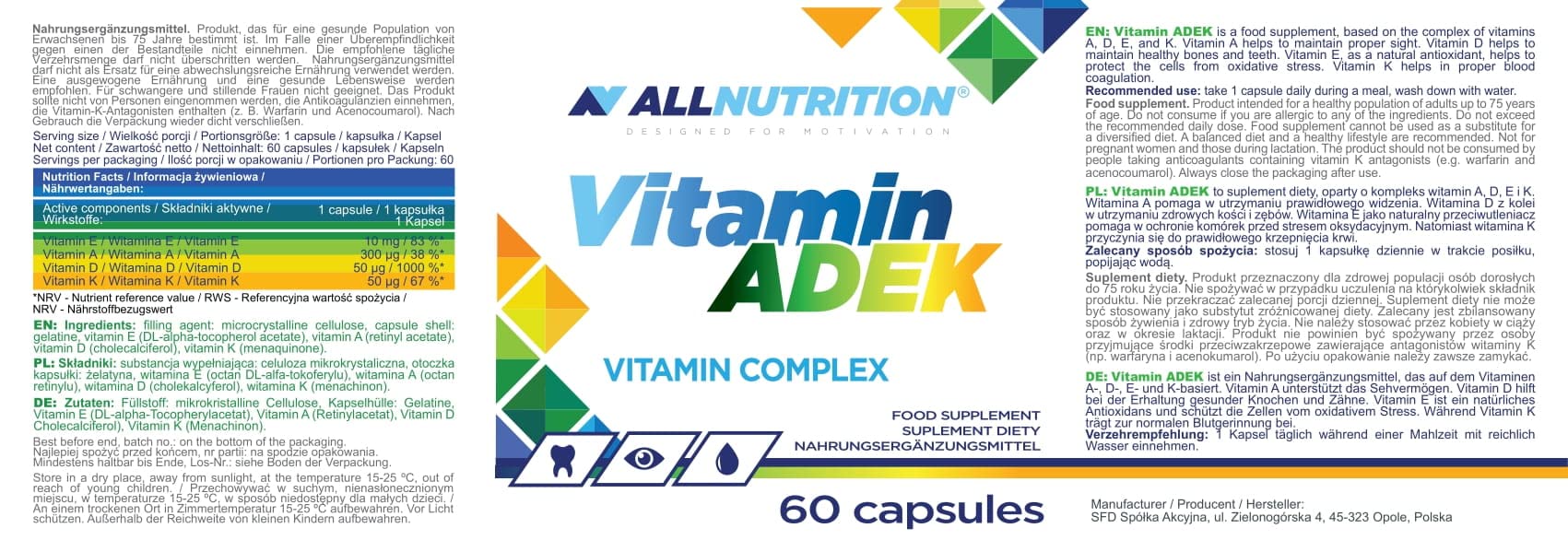 Allnutrition Vitamin ADEK 60 Capsules - Essential Fat-Soluble Vitamins for Immune Support, Bone Health & Vision - Perfect for Daily Wellness & Active Lifestyles