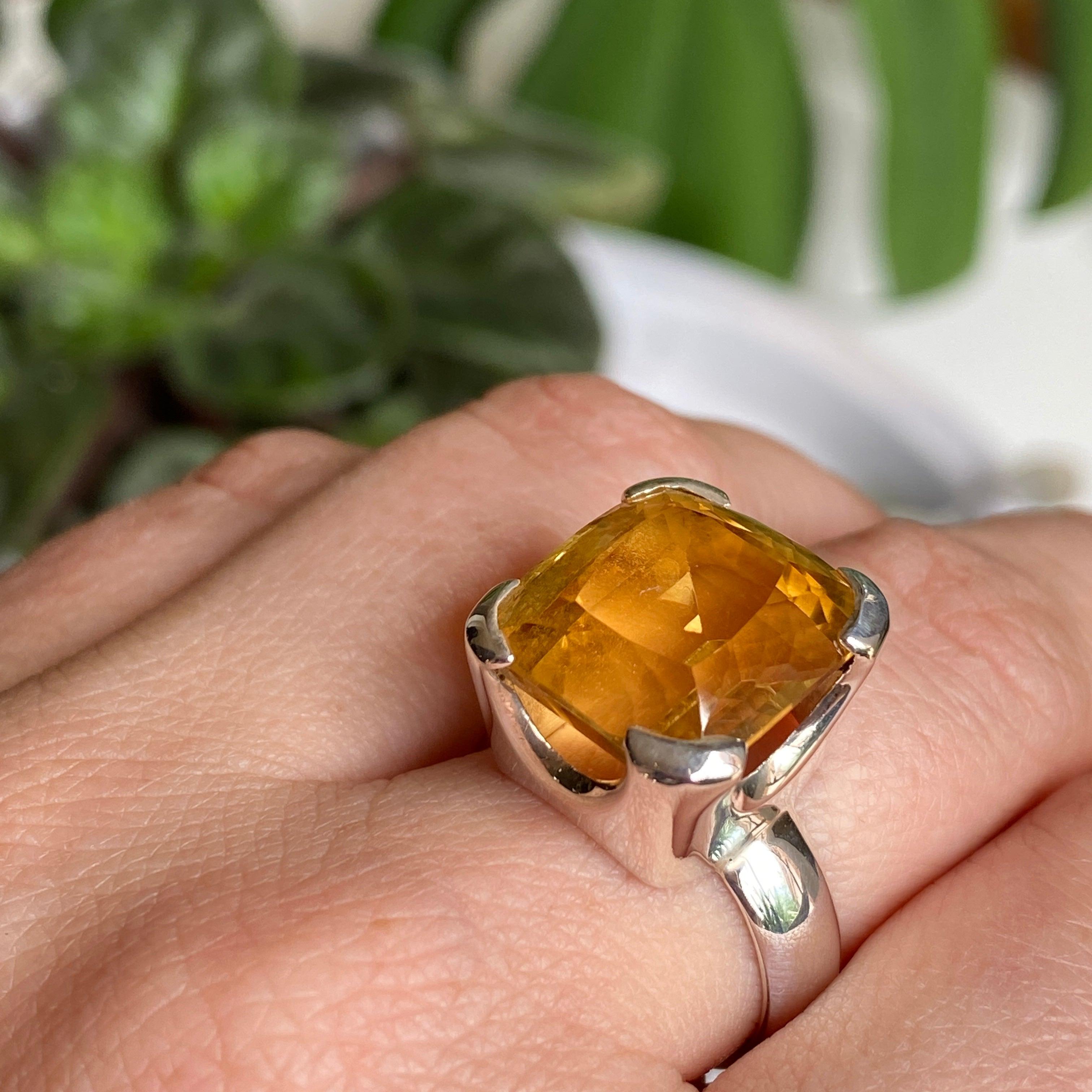 Natural Citrine Gemstone Rectangular Faceted Ring - Size 8, KRGJ2150 - Elegant Jewelry for Women, Perfect for Weddings, Parties & Everyday Wear