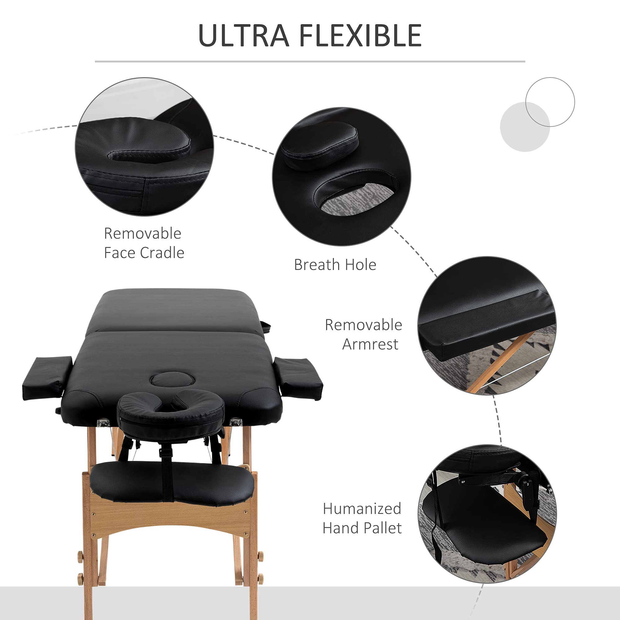 HOMCOM 2-Zone Folding Wooden Massage Table with Cosmetic Face Hole - Black | Portable for Home Spa, Salon & Professional Use