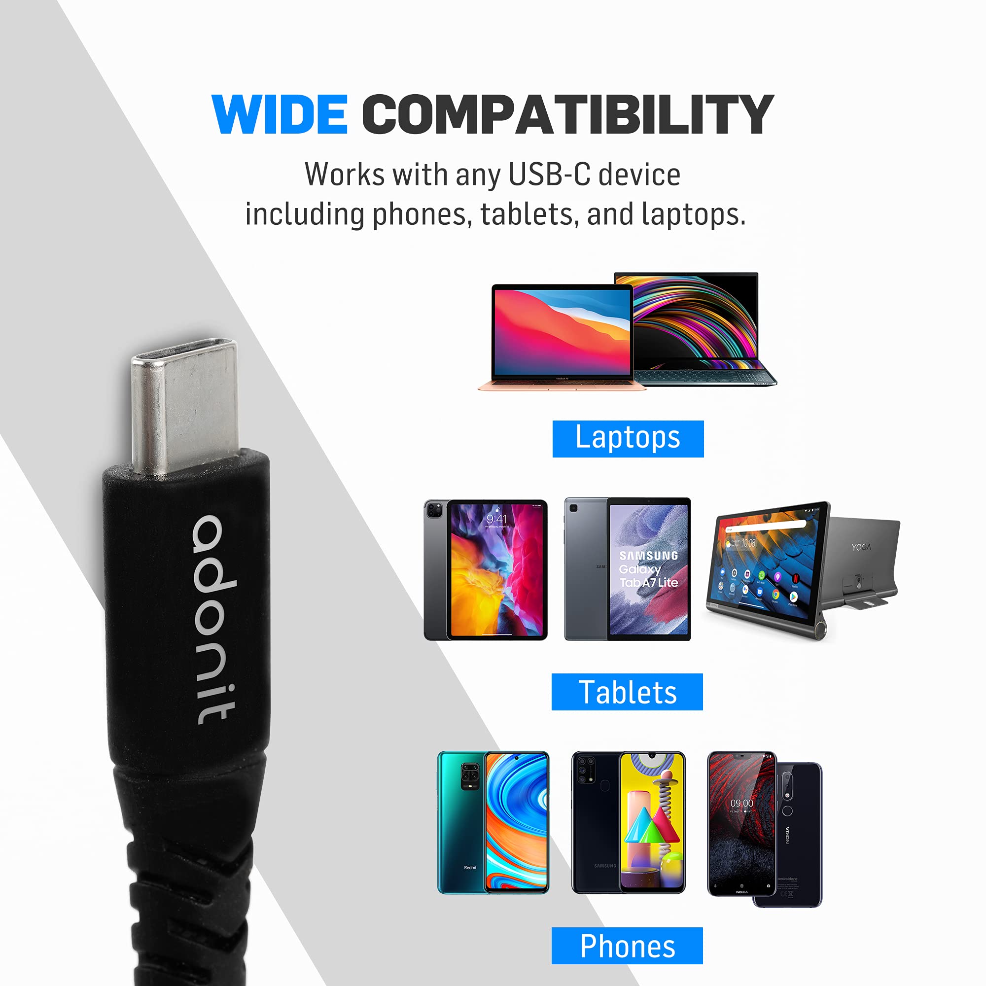 Adonit 1.2m USB-C to USB-C Fast Charging Cable (Gray) - Compatible with iPhone 15, iPad Pro, MacBook Air, MacBook Pro, Tablets & Laptops - Perfect for Home, Office & Travel Charging