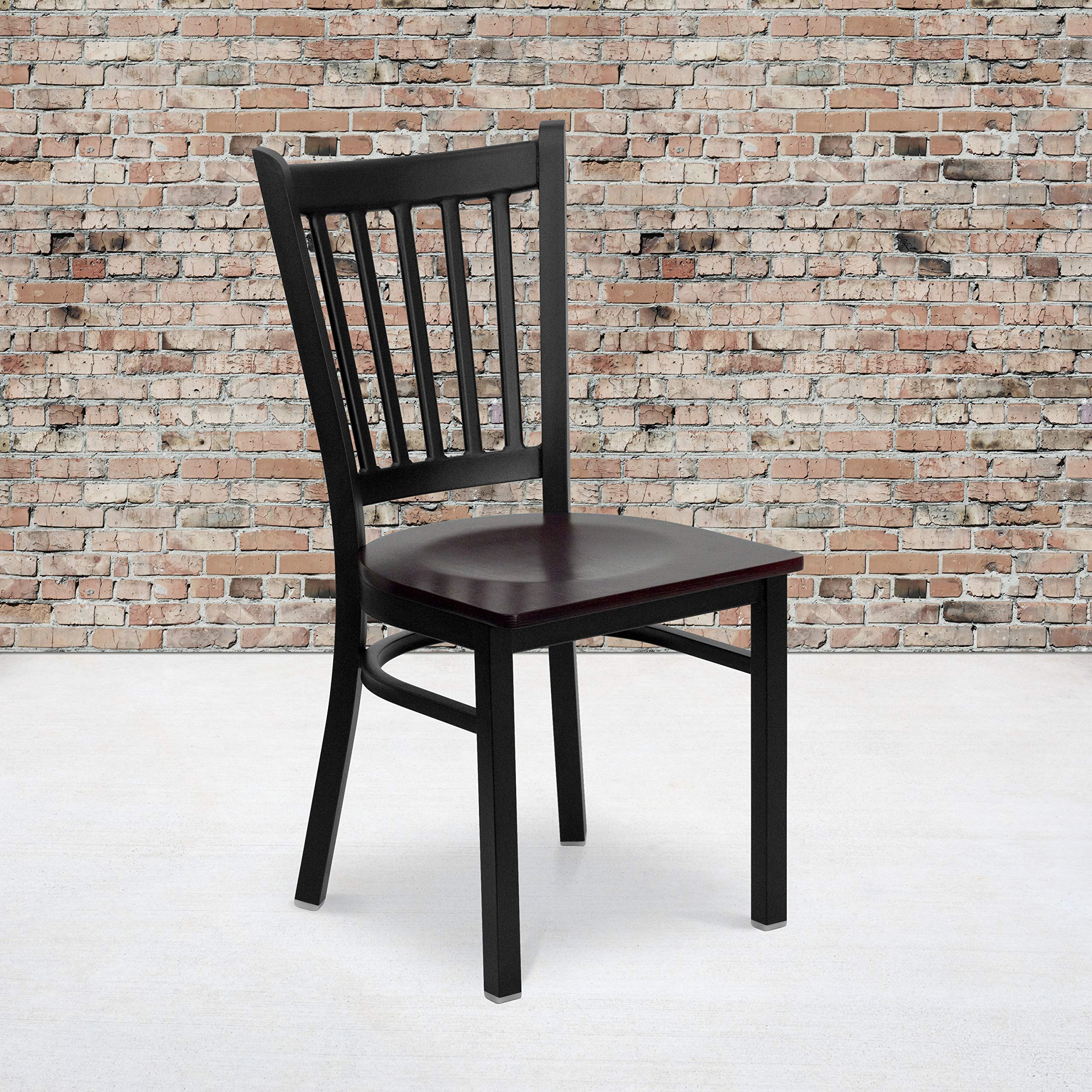 2 Pack Black Vertical Back Metal Restaurant Chairs with Mahogany Wood Seat - Durable & Stylish Dining Chairs for Restaurants, Cafes, and Home Kitchens